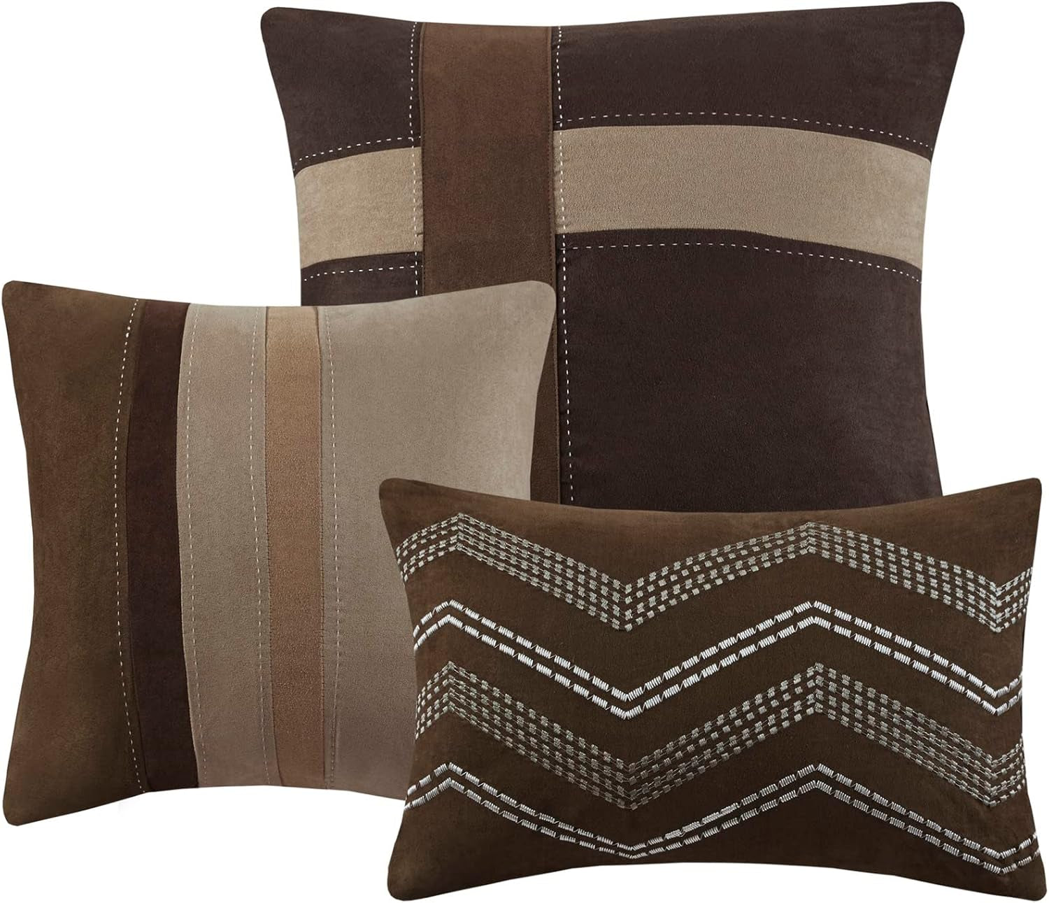 Palisades Comforter Set Modern Faux Suede Pieced Stripe Design, All Season down Alternative Cozy Bedding with Matching Shams, Decorative Pillows, King(104"X92"), Brown 7 Piece