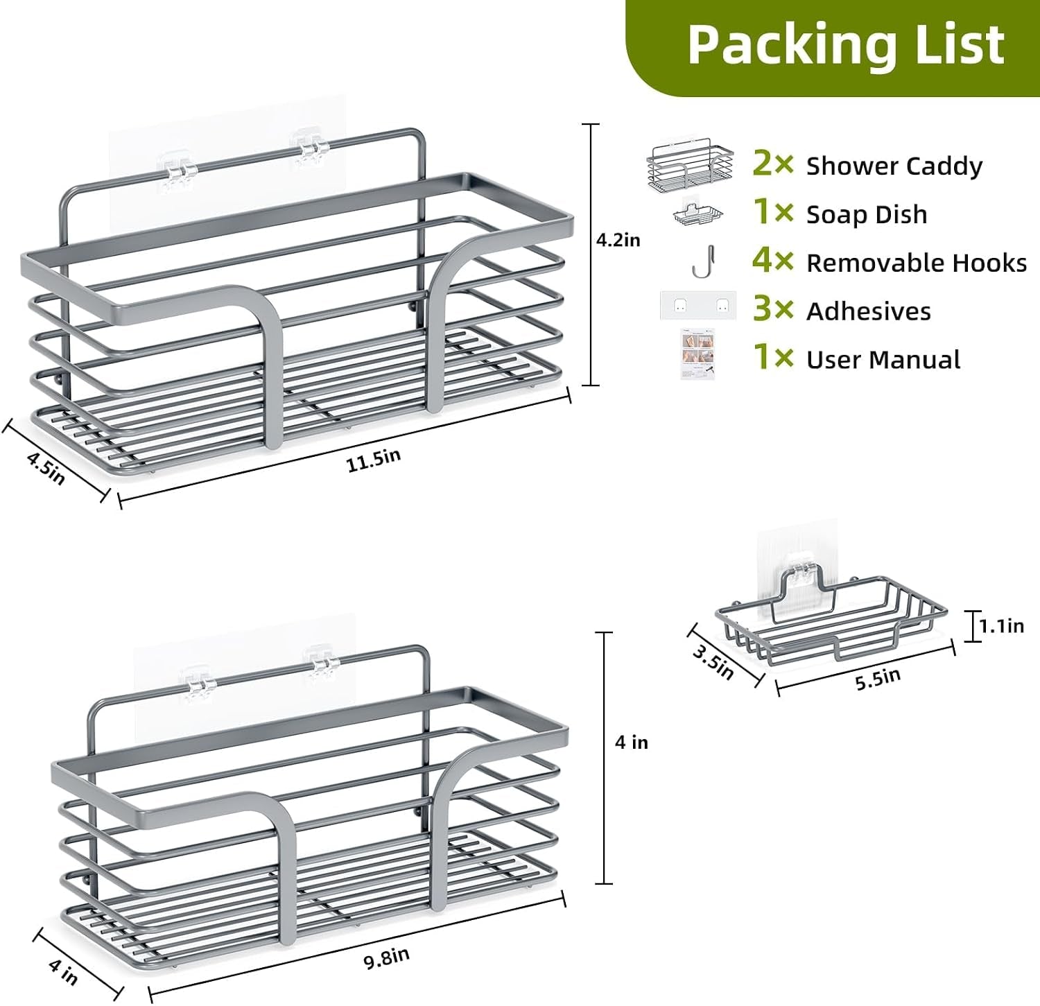 Shower Caddy, Shower Organizer with Soap Holder and Hooks, Rustproof Shower Shelves, No Drilling Bathroom Organizers and Storage, Wall-Mounted Kitchen & Home Decor, Light Grey