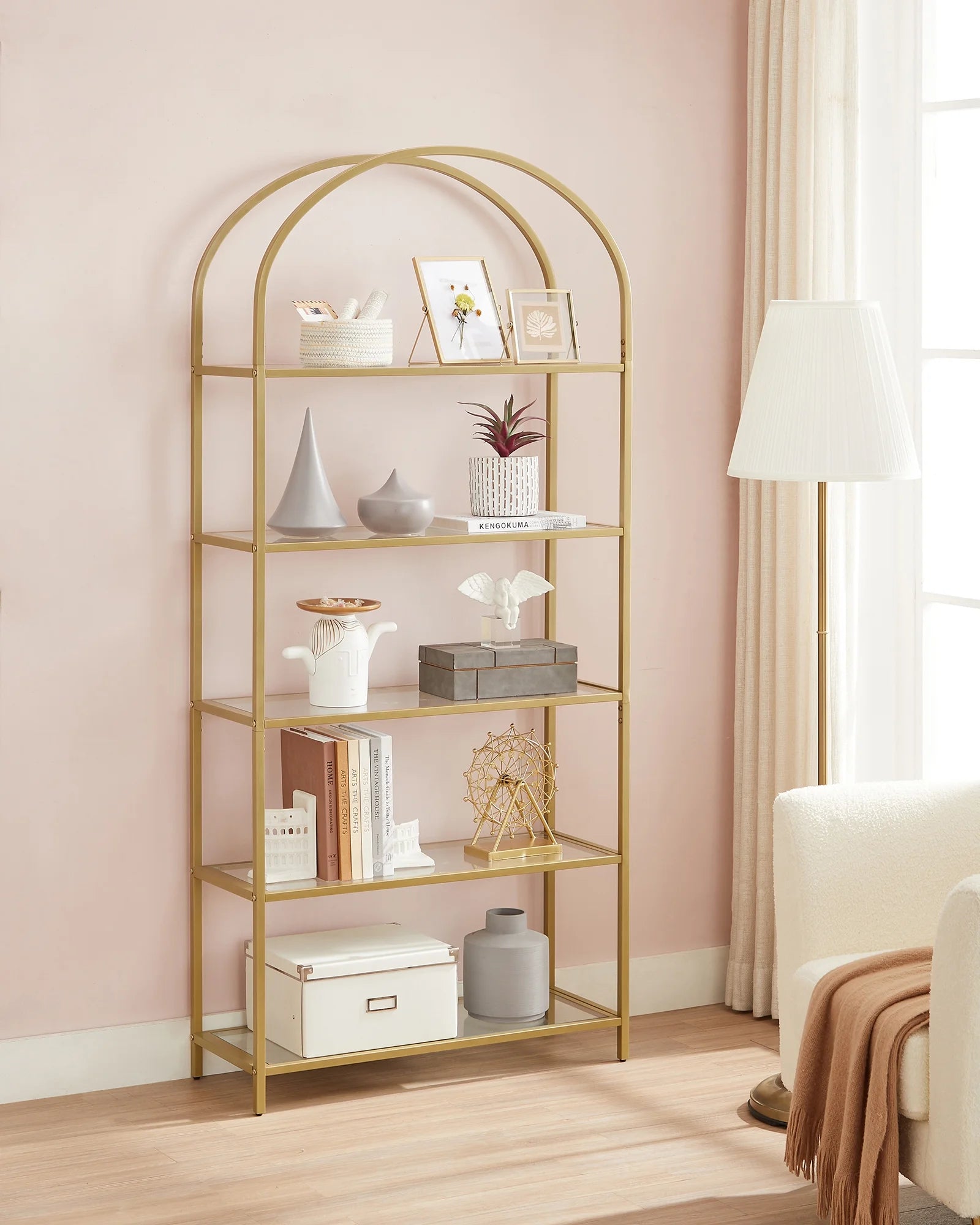 5-Tier Gold Bookshelf Display Storage Shelf Modern Bookcase with Metal Frame for Bedroom Living Room Golden