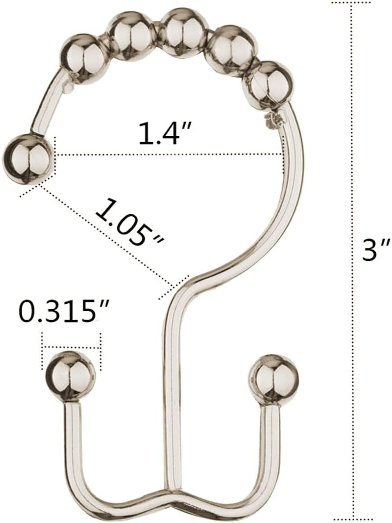 Shower Curtain Hooks, Rust Proof Metal Easy Glide Double Rings, Stainless Steel Hangers for Bathroom Curtains, Set of 12, Brushed Nickel