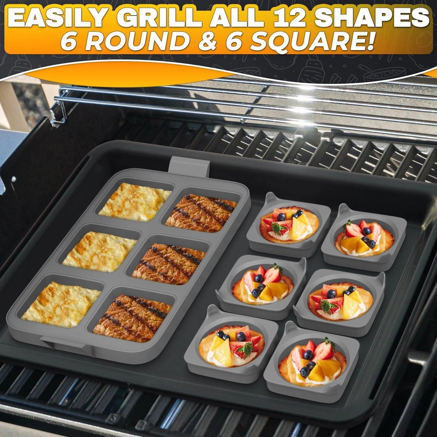 Silicone Egg Rings for Frying Eggs 16.5 X8.9 Inch 6 Ring Removable Silicone Egg Molds for Griddle 12 Shapes 6 round & 6 Square Non Stick & Heat Resistant Ergonomic Handles for Easy Cooking