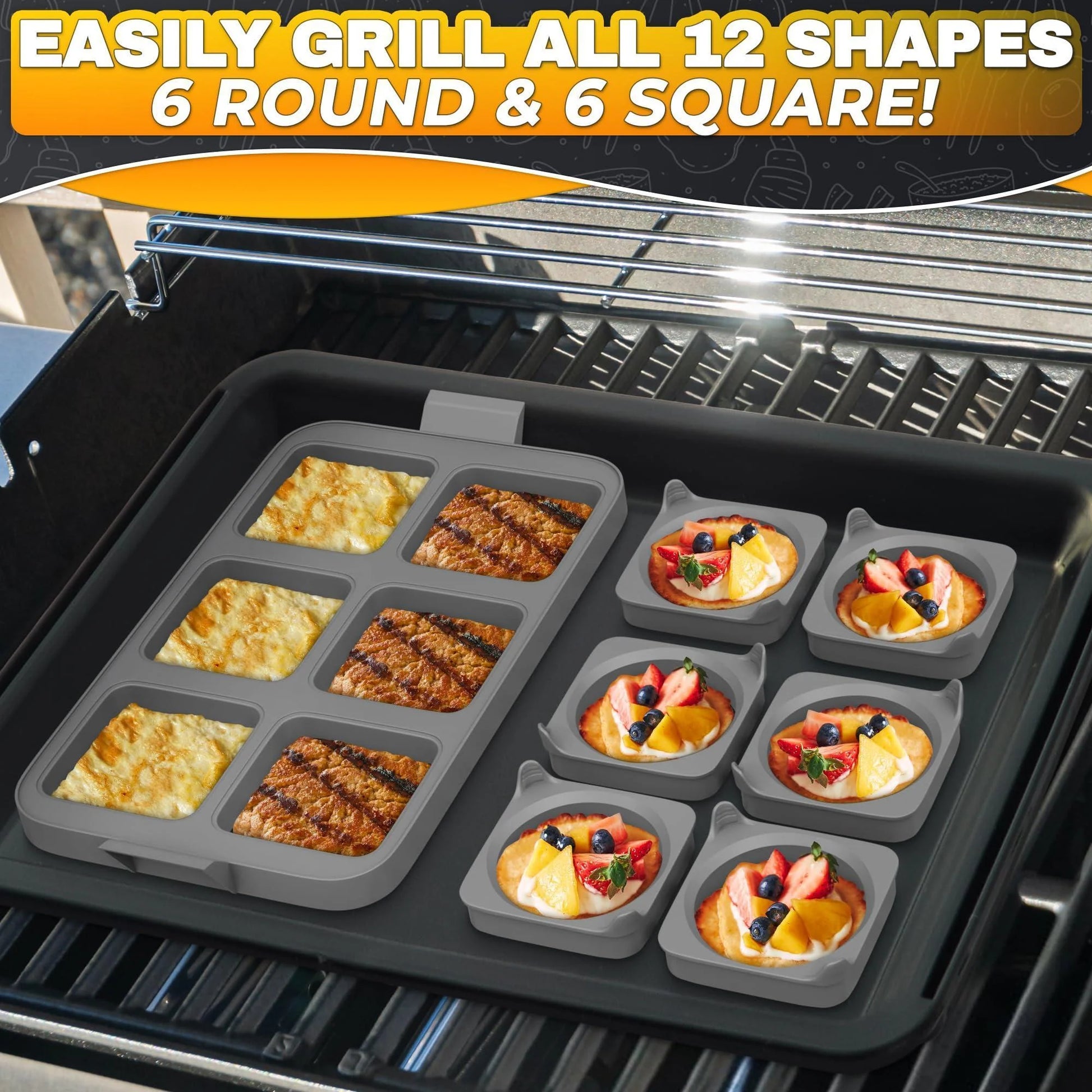 Silicone Egg Rings for Frying Eggs 16.5 X8.9 Inch 6 Ring Removable Silicone Egg Molds for Griddle 12 Shapes 6 round & 6 Square Non Stick & Heat Resistant Ergonomic Handles for Easy Cooking