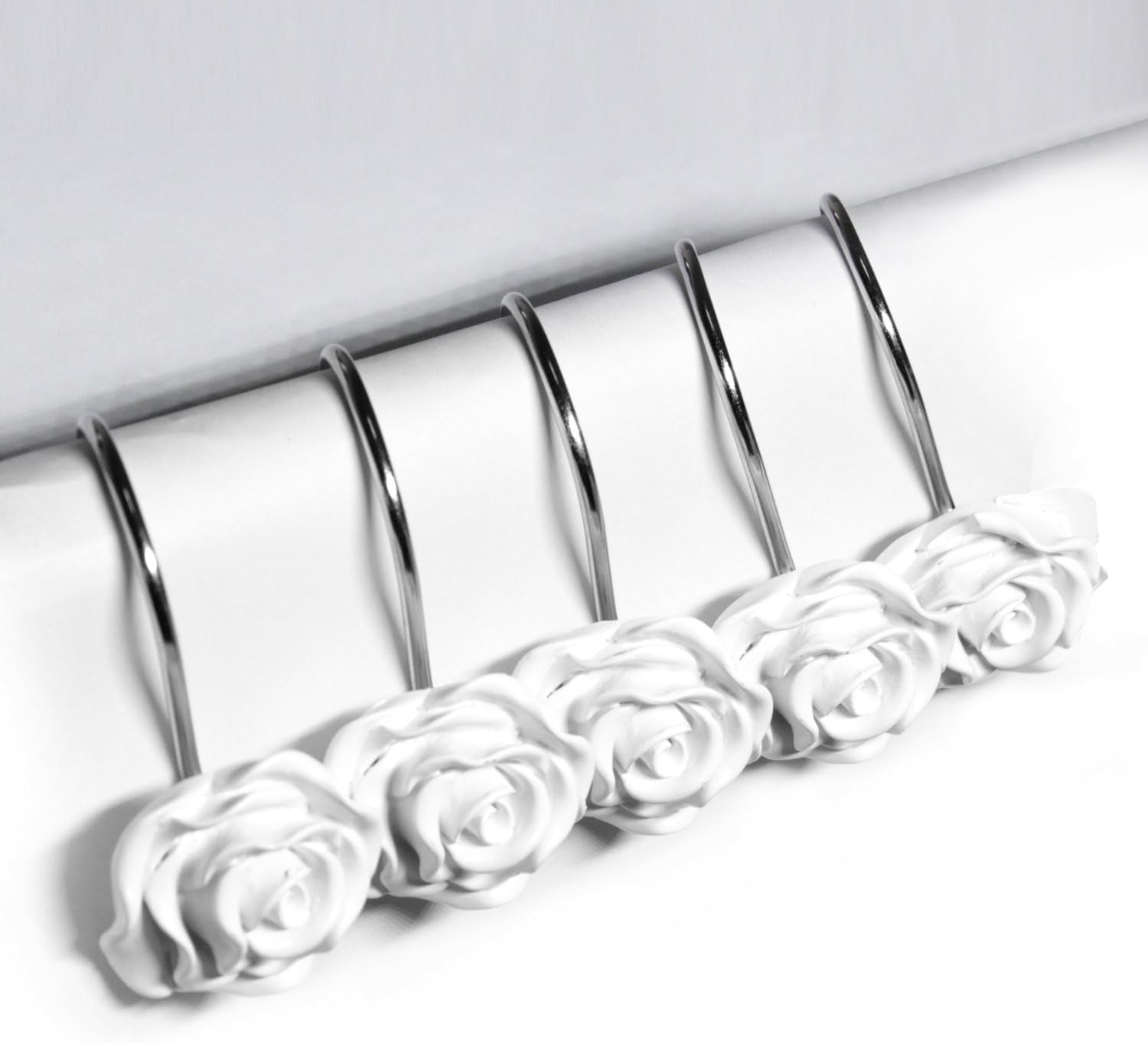 Shower Curtain Hooks, Home Decorative Rustproof Shower Curtain Hooks Resin Rose Flower Shower Hooks Rings for Bathroom Shower Rods Curtains,Set of 12 Hooks (White)