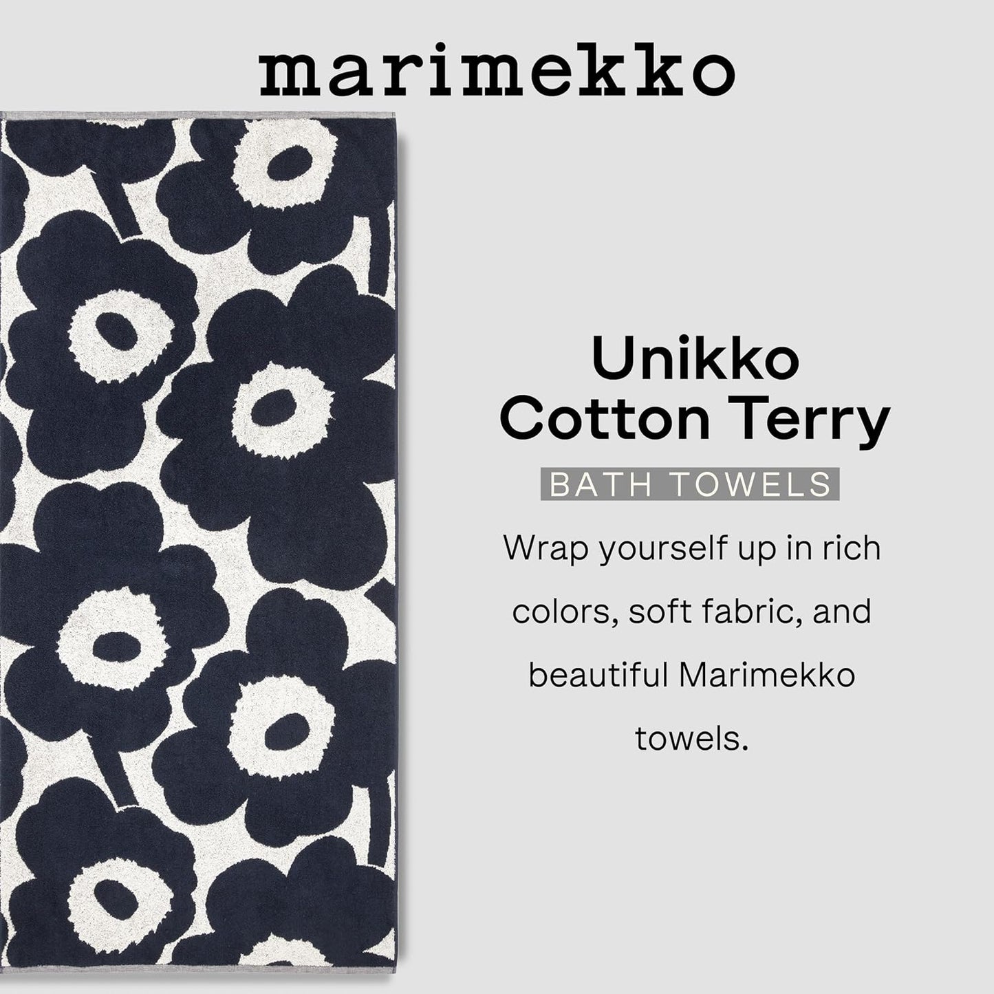 MARIMEKKO Unikko Terry Cotton Bath Towel (Dark Blue) – Floral Patterned Bath Towels – 59 in X 28 In