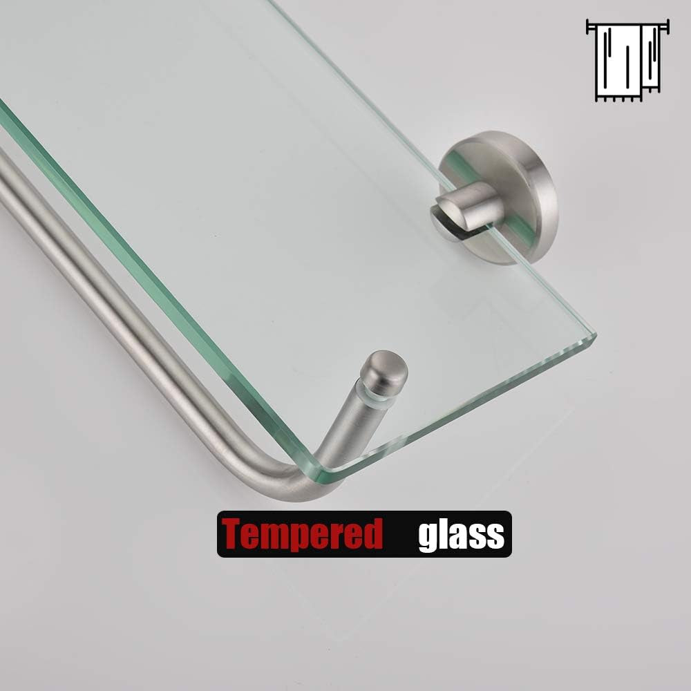 Bathroom Glass Shelf, Shelf with 15 Inch Towel Bar Tempered Glass Shower Storage 16 by 5 Inches, 304 Stainless Steel Brushed Finish Wall Mount, TGS100-BN
