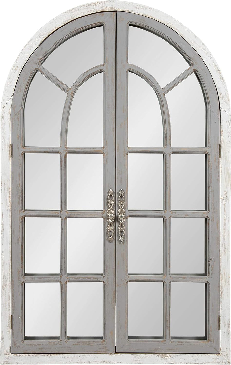 Boldmere Large Traditional Wood Windowpane Arch Mirror, 28X44, Gray and White