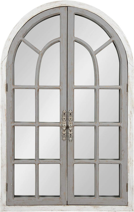Boldmere Large Traditional Wood Windowpane Arch Mirror, 28X44, Gray and White