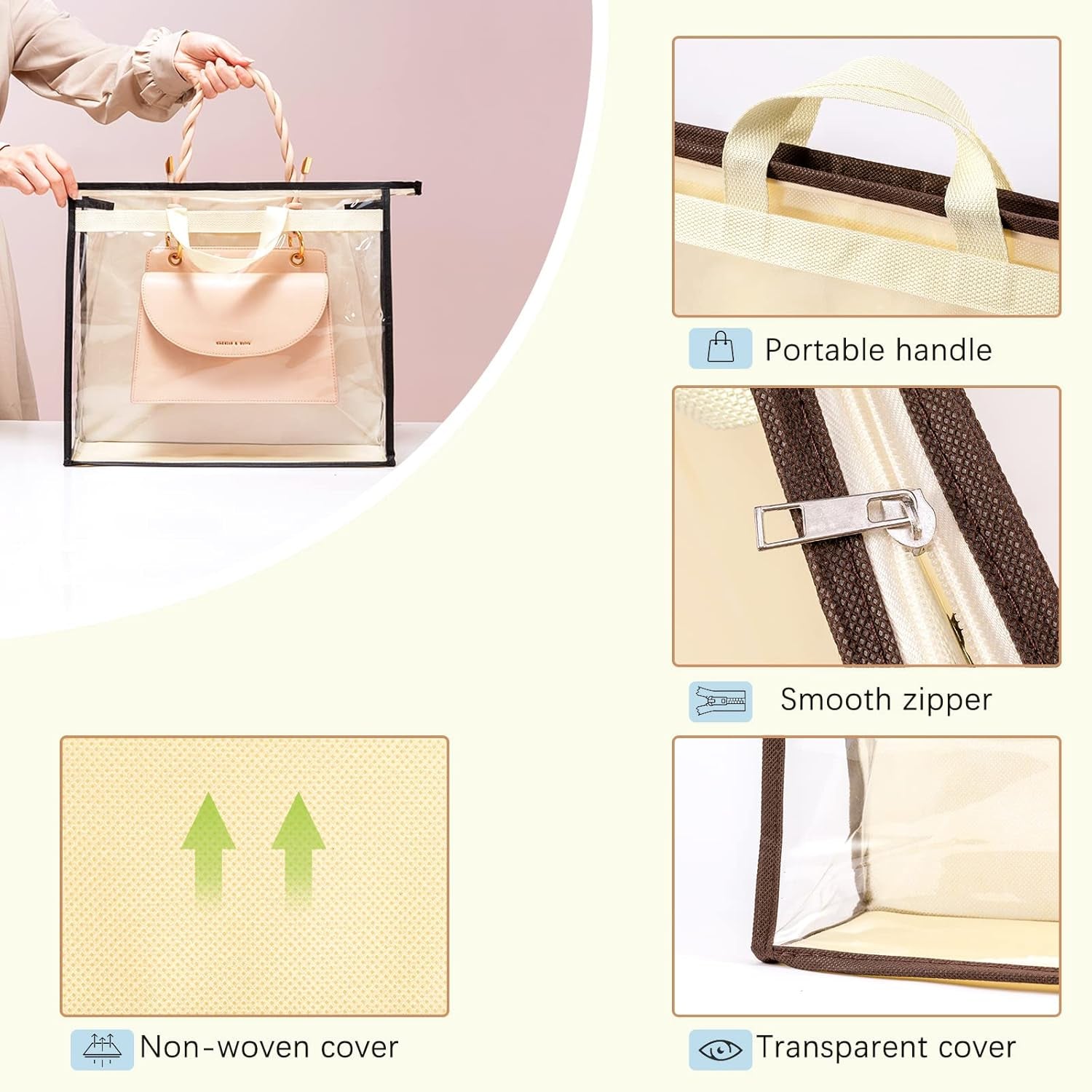 8 Pack Handbag Dust Bags Clear Purse Storage Organizer for Closet, Hanging Zipper Storage Bag for Handbags