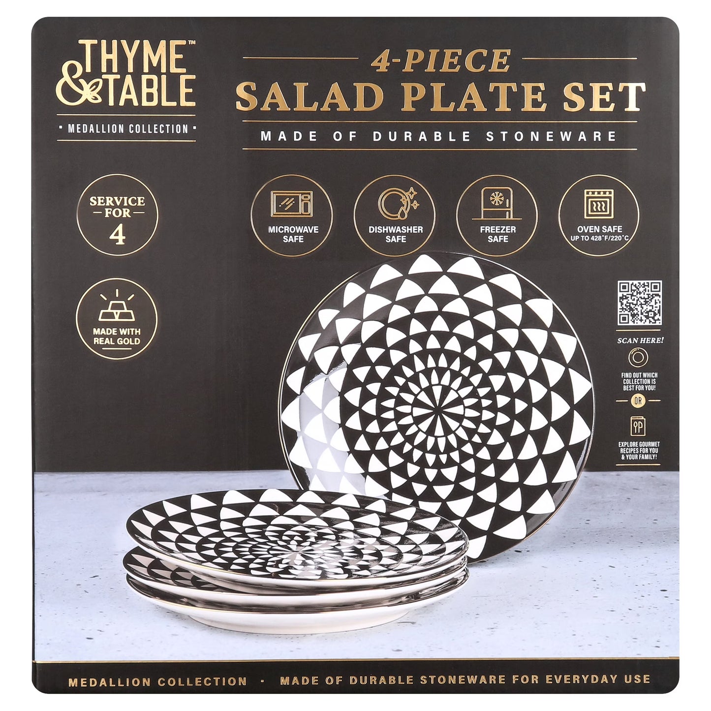 Thyme & Table Dinnerware Black & White Medallion Stoneware Salad round Plates (4 Count)