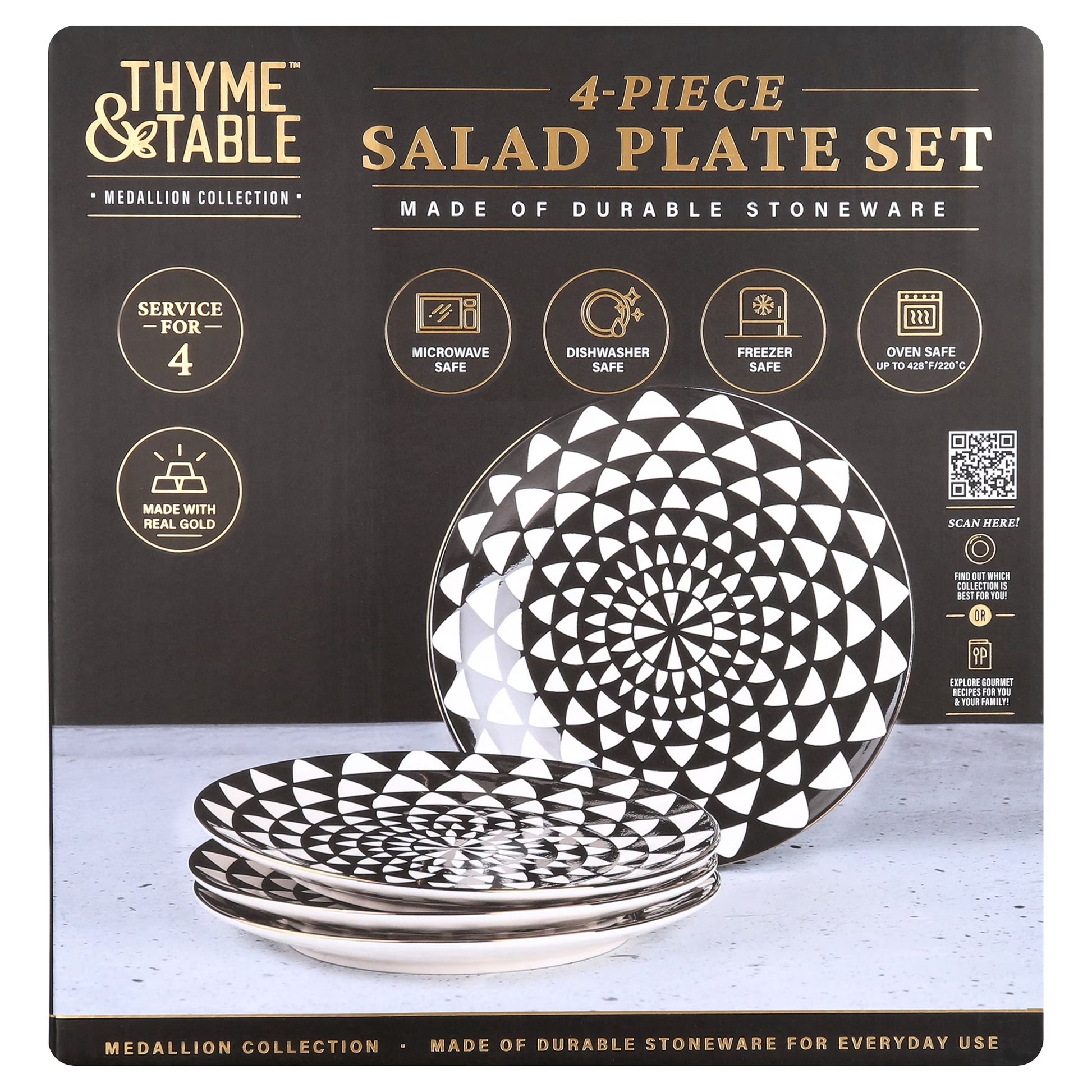 Thyme & Table Dinnerware Black & White Medallion Stoneware Salad round Plates (4 Count)