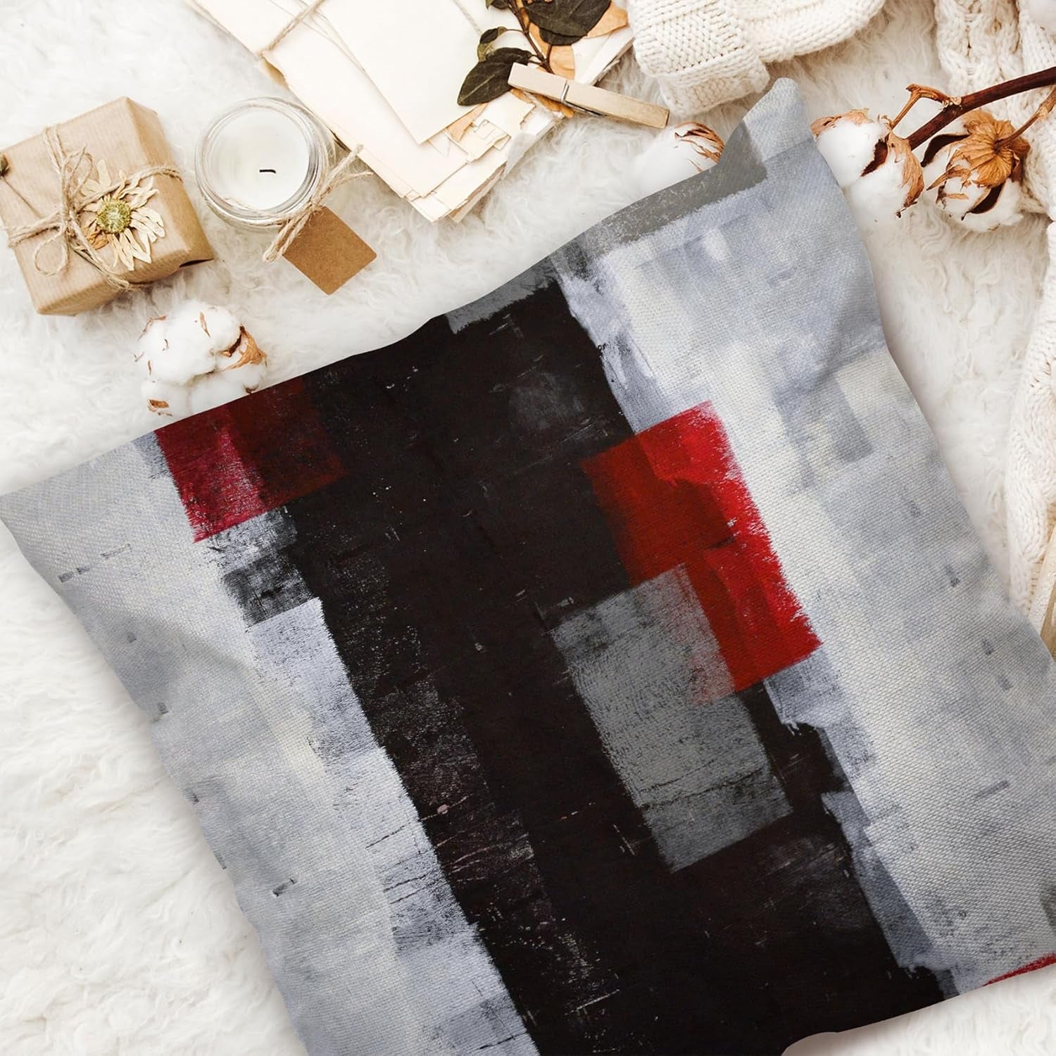 Red and Black Throw Pillow Covers 18X18 Set of 4 Decorative Cushion Cover Grey Abstract Art Painting Pillowcase for Sofa Bedroom Living Room Décor