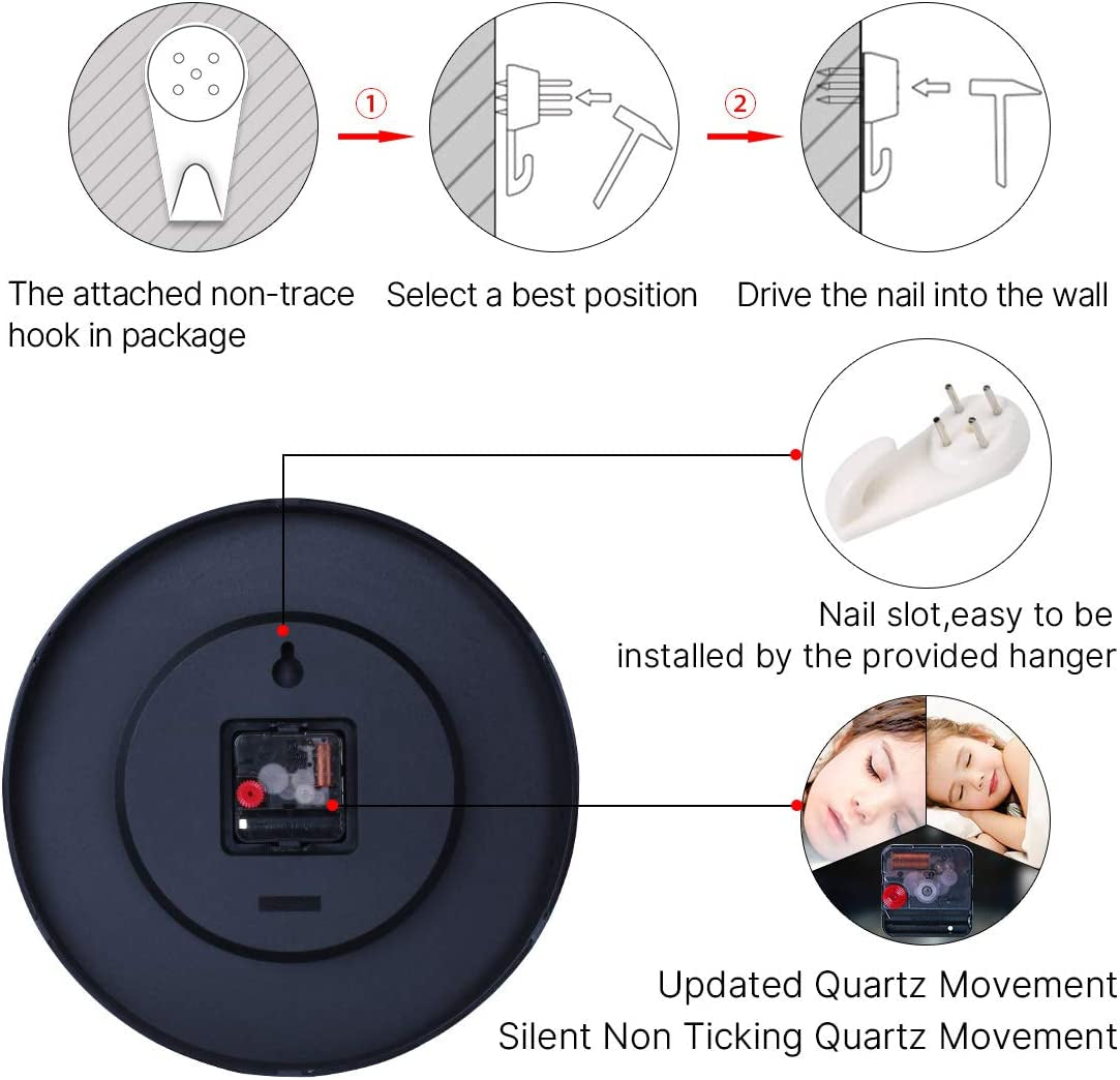 Glass Wall Clock 12 Inch Math Teaching Style Clock Black Battery Operated Quartz Silent Non Ticking Wall Clocks for Classroom Bedroom Study Room