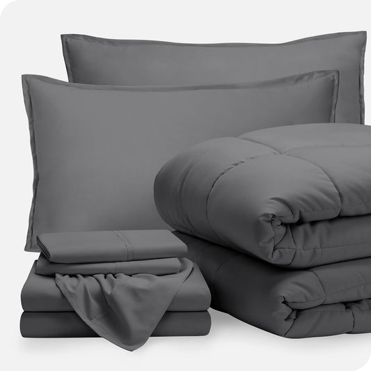 Bed-In-A-Bag 7 Piece Comforter & Sheet Set - Queen - Goose down Alternative - Ultra-Soft 1800 Premium - Bedding Set (Queen, Grey/Grey)