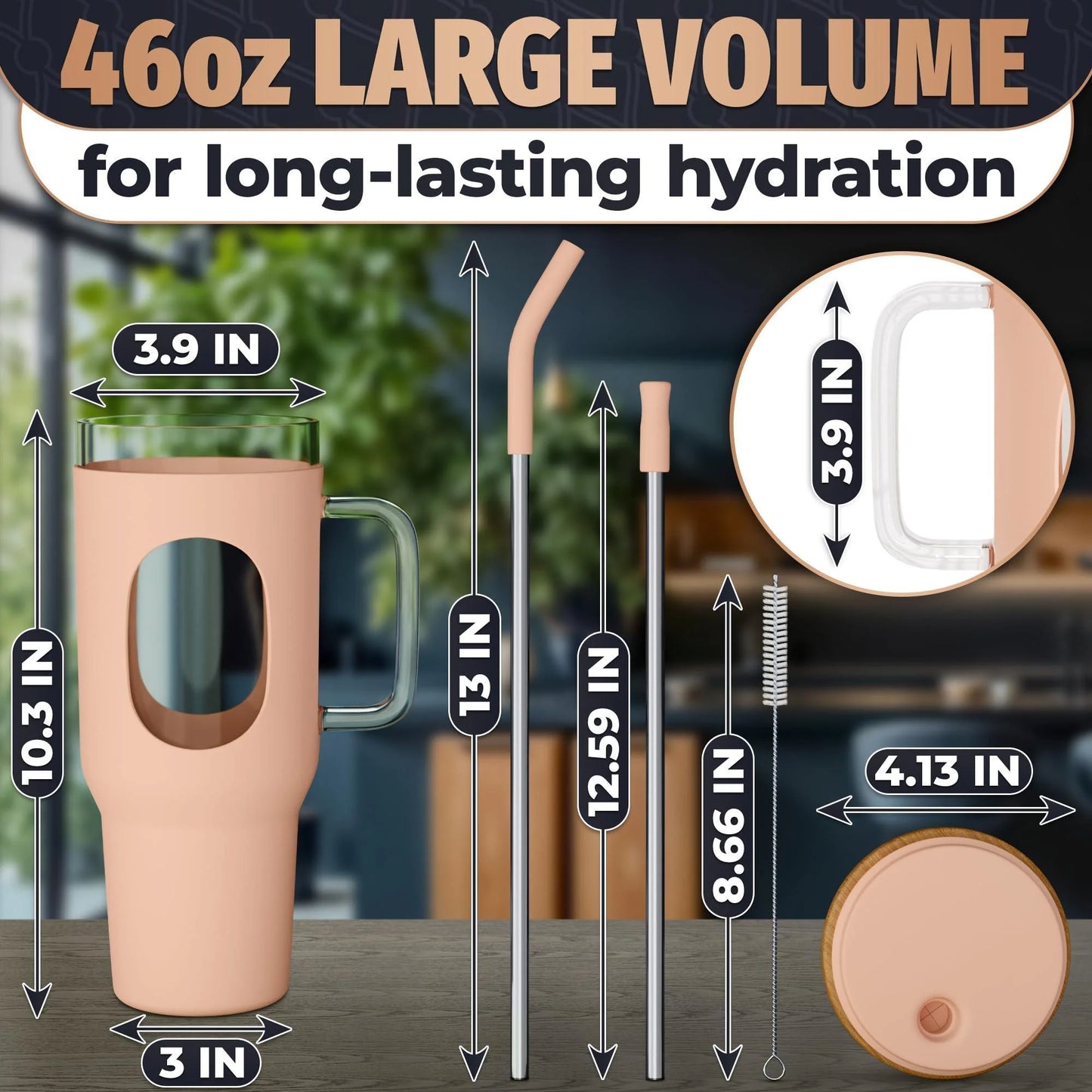 46 Oz Glass Tumbler with Straw and Lid Peach Glass Water Bottle with Natural Bamboo Lid 2 Slim and Boba Straws Silicone Sleeve Dishwasher Safe Car Holder Friendly Ergonomic Grip Easy Visibility