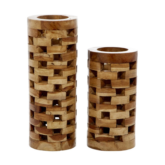 16", 12"H Handmade Brown Teak Wood Vase with Cut Out Patterns, Set of 2