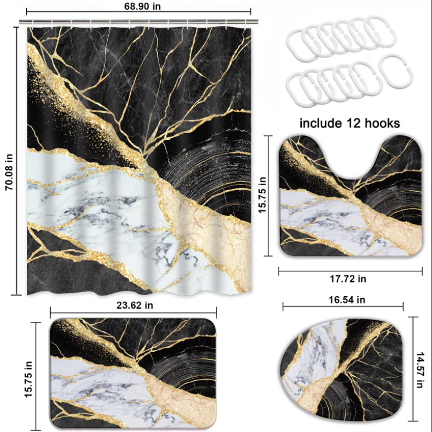 Black Gold Marble Shower Curtain Sets with Rugs, 16 Pc Modern Abstract Bathroom Sets, Waterproof Fabric Bathroom Curtain Decor with Hooks