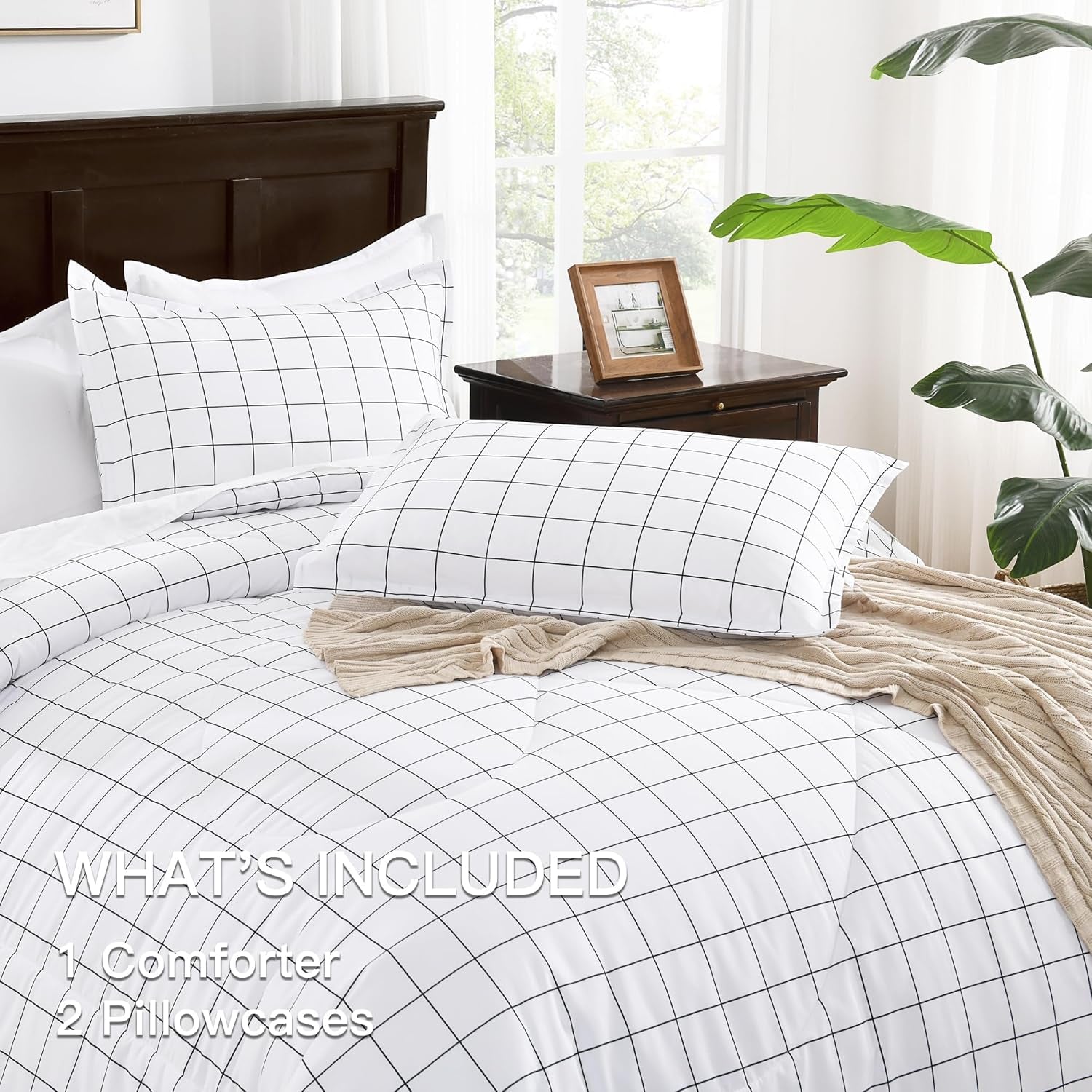 White Grid Comforter Set Queen Size (90X90 Inch), 3 Pieces(1 Grid Comforter and 2 Pillowcases), Summer Lightweight Microfiber down Alternative White Comforter with Black Lines