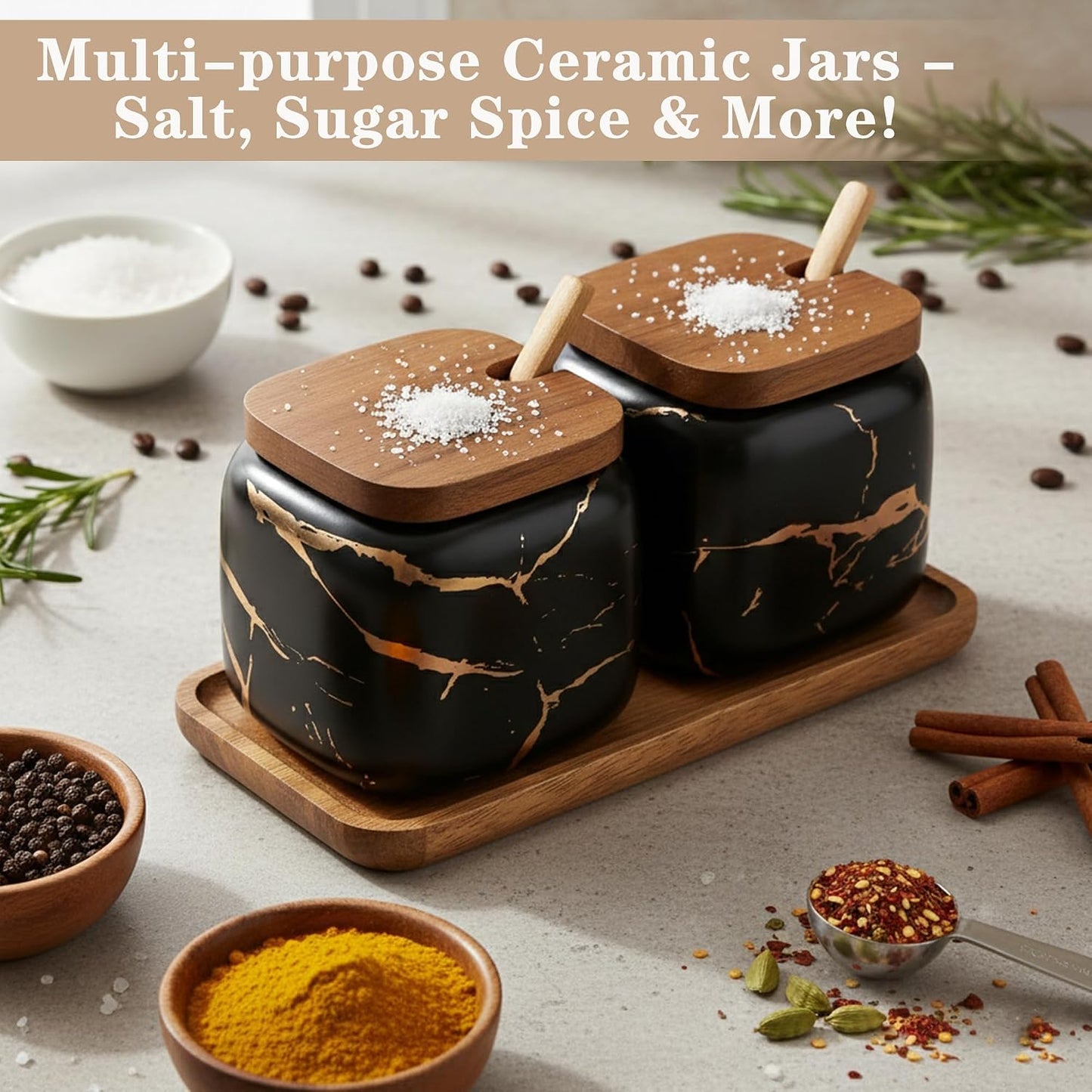 Sets of 2 Marble Ceramic Seasoning Jars Ceramic Sugar Salt Bowl Condiment Pots with Wooden Lids,Wooden Spoon and Wooden Tray (Black)