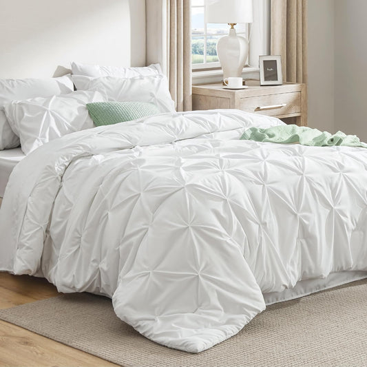Twin Comforter Set White - Bed in a Bag Twin Size 5 Pieces, Gentlesoft™ Pintuck Bed Set Gift for Family, Pinch Pleat White Comforter with Sheets, Pillowcase & Sham
