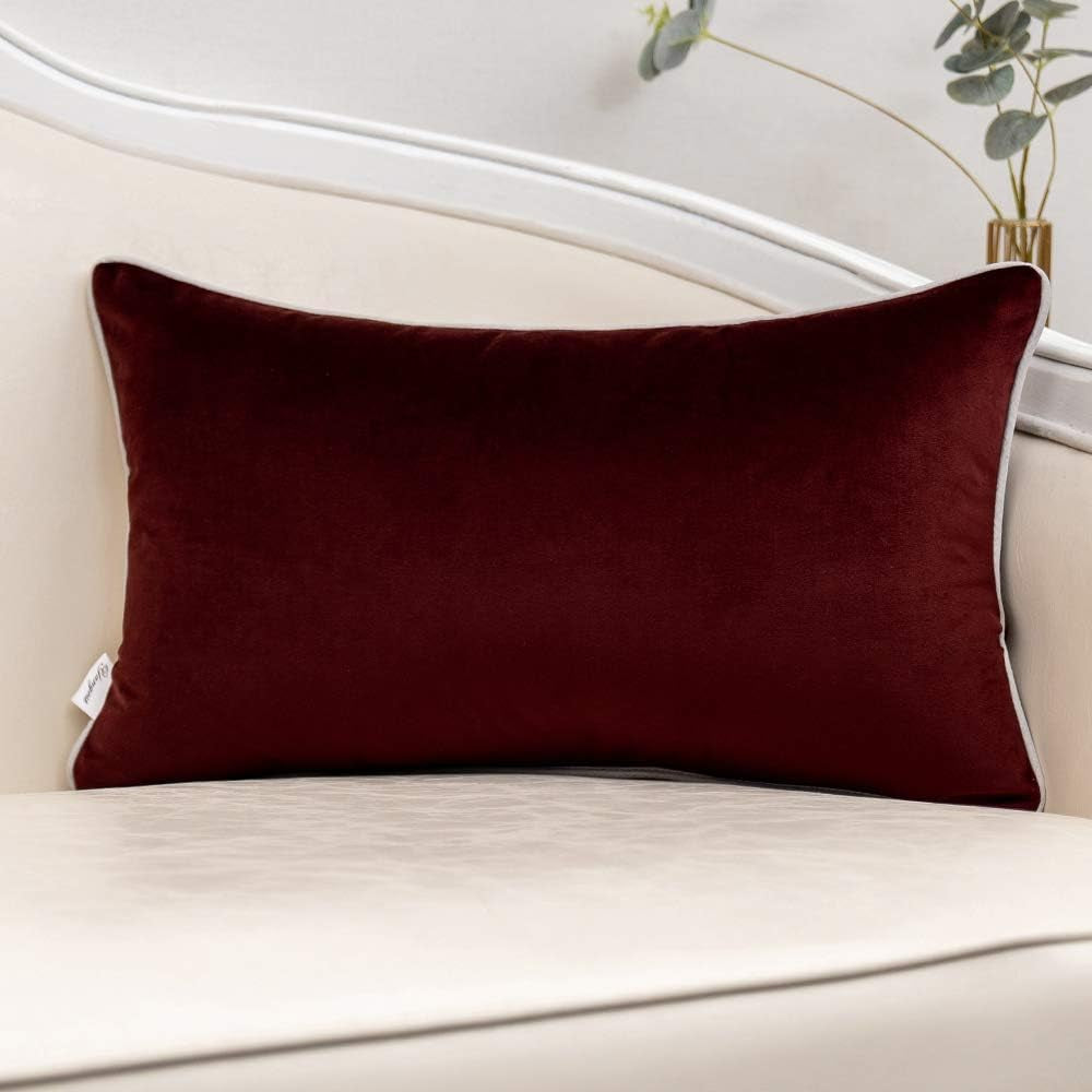 Wine Red Patchwork Velvet Lumbar Pillow Cover with Gold Striped Leather Cushion Case Modern Luxury Pillowcase for Sofa Couch Bedroom Living Room Home Decor,12"X20"