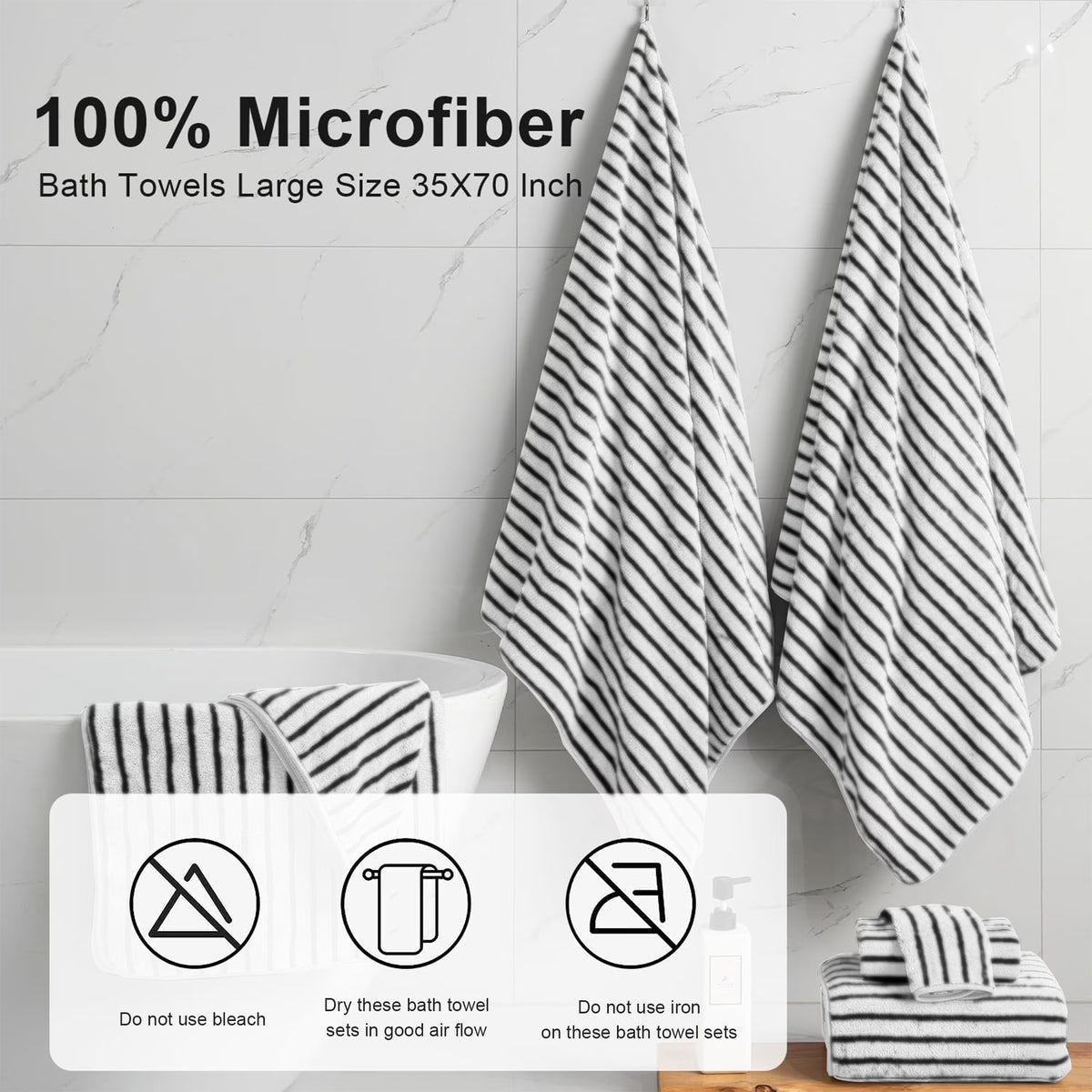 4 Pack Black White Bicolor Bar Stripe Large Bath Towels Set Oversized Bath Sheet Soft Towel Set