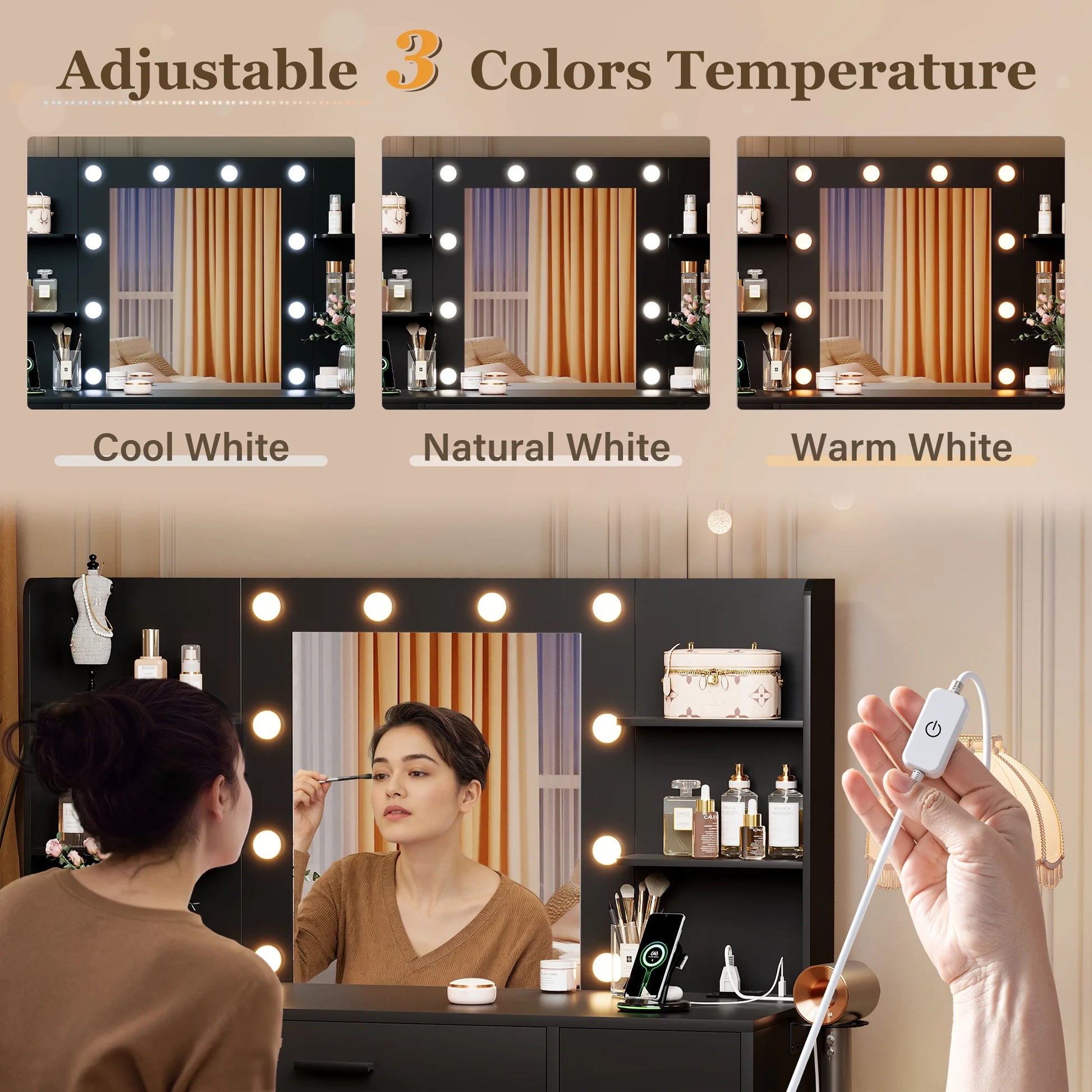 Makeup Vanity with Mirror and Drawers Vanity Desk Set with 3 Modes Adjustable Brightness Lights and USB Power Outlet, Black