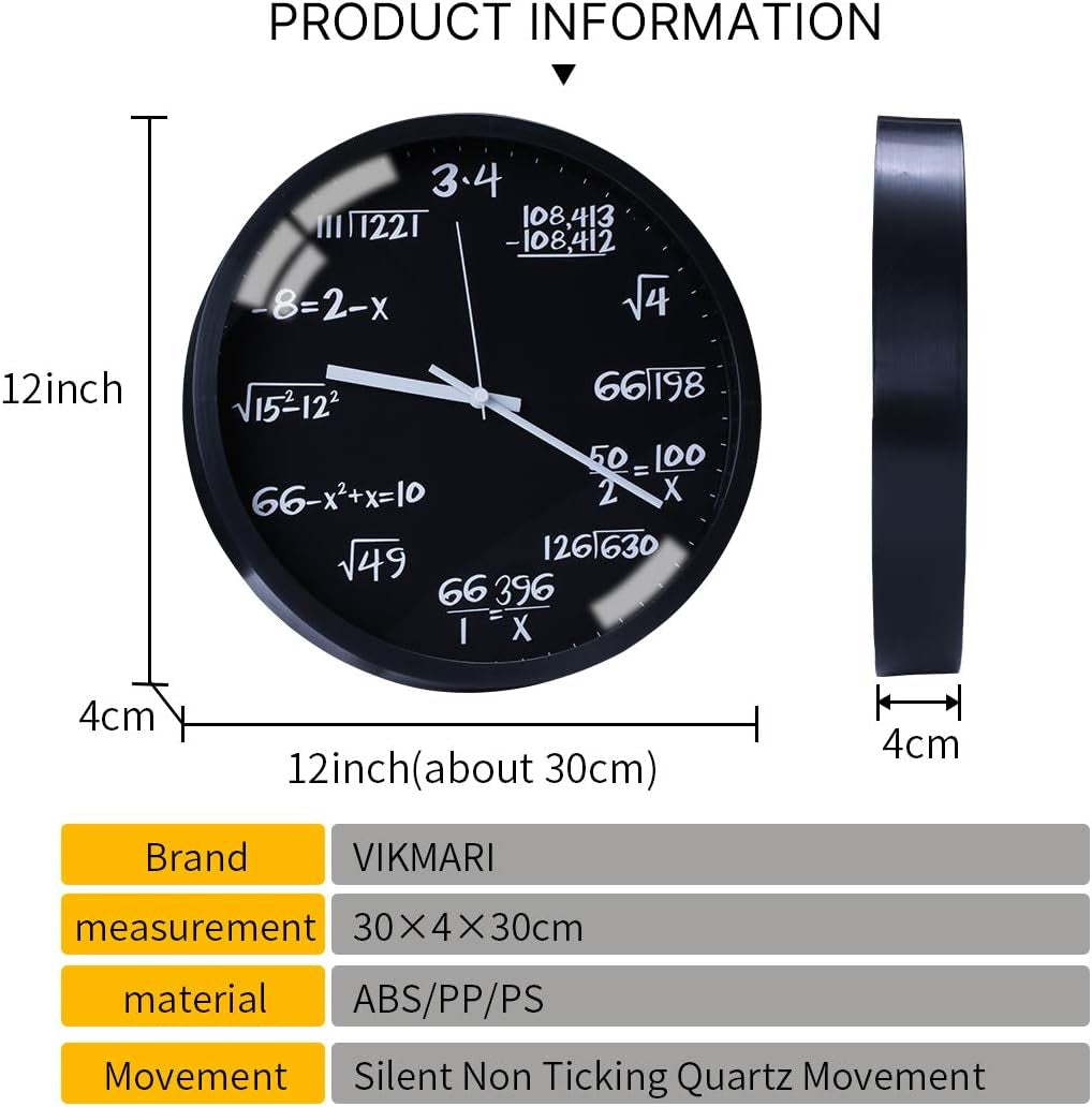 Glass Wall Clock 12 Inch Math Teaching Style Clock Black Battery Operated Quartz Silent Non Ticking Wall Clocks for Classroom Bedroom Study Room