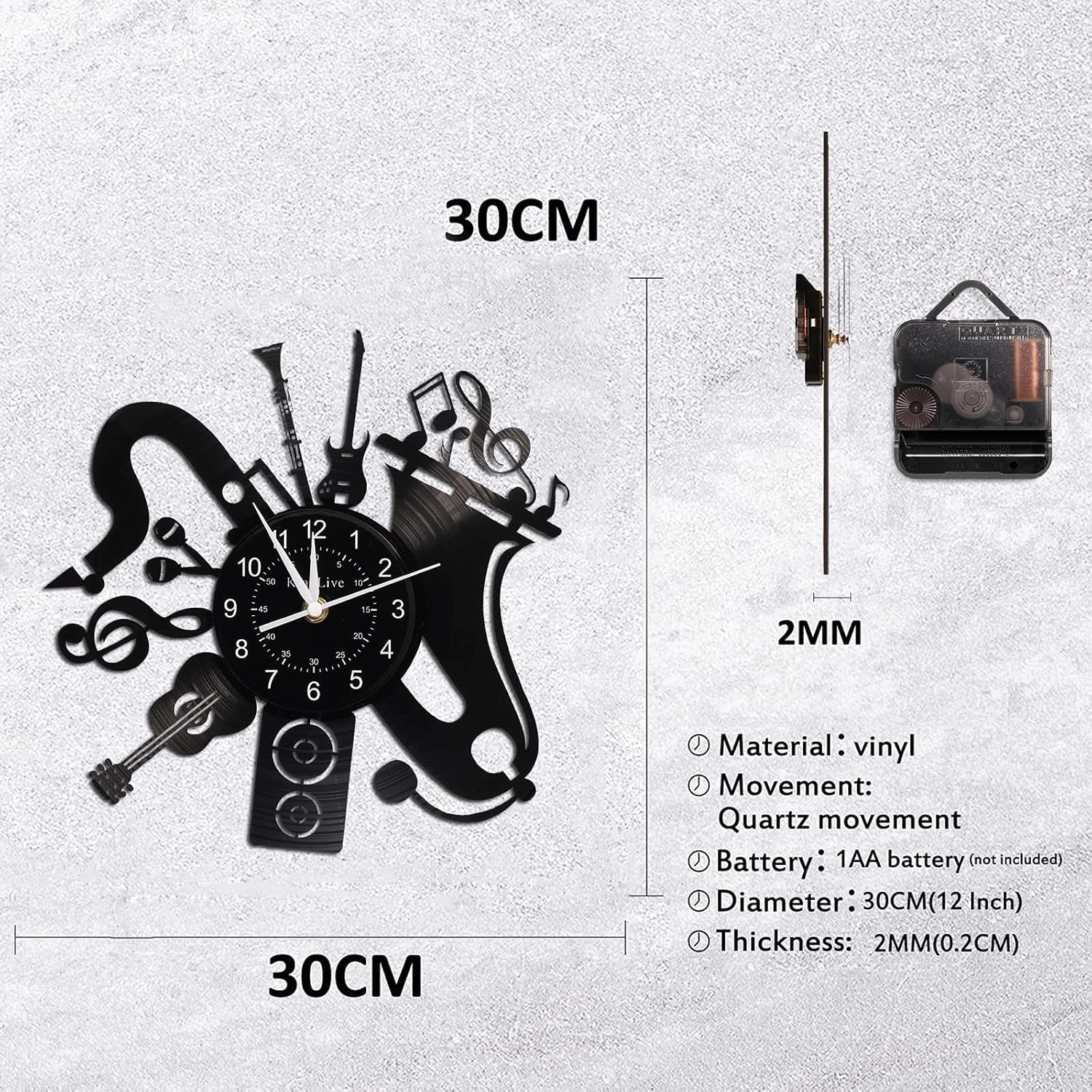 Music Vinyl Record Wall Clock, Music Room Decoration, Music Theme Wall Clock. (Music B)