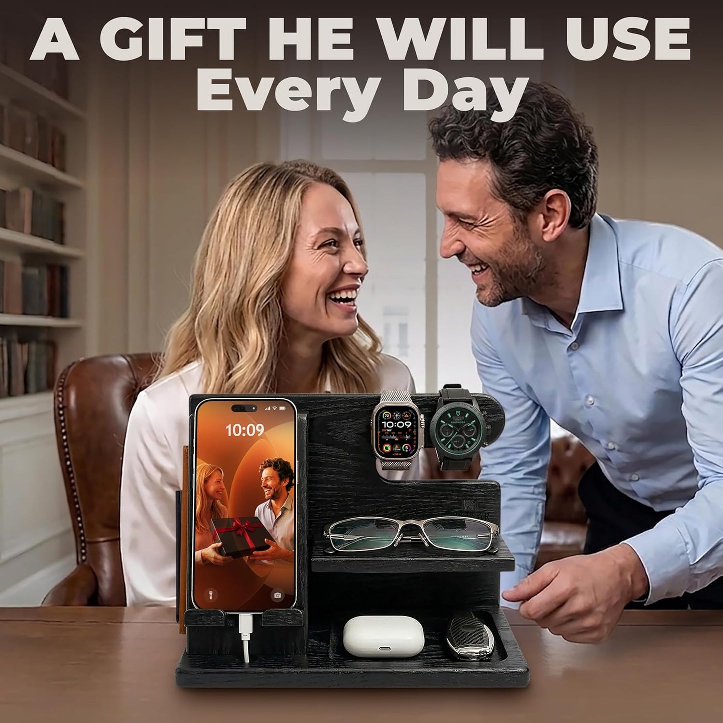 Wood Phone Docking Station for Men - Desktop or Nightstand Organizer - Birthday Gifts for Men, Dad - Anniversary Idea from Wife - Key Holder, Stand Wallet, Watch & Essentials (Granite Black)