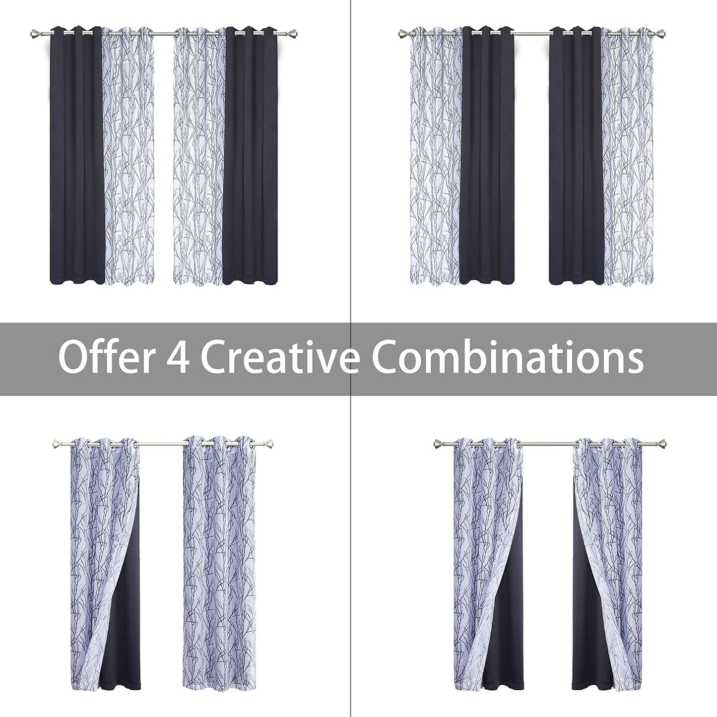 4 Panels Set Mix and Match Curtains for Bedroom Living Room | 2 Pieces Branch Print Sheer Curtains and 2 Pieces Blackout Curtains Privacy Grommet Window Drapes 37X63 Inch/Panel, Grey Dark