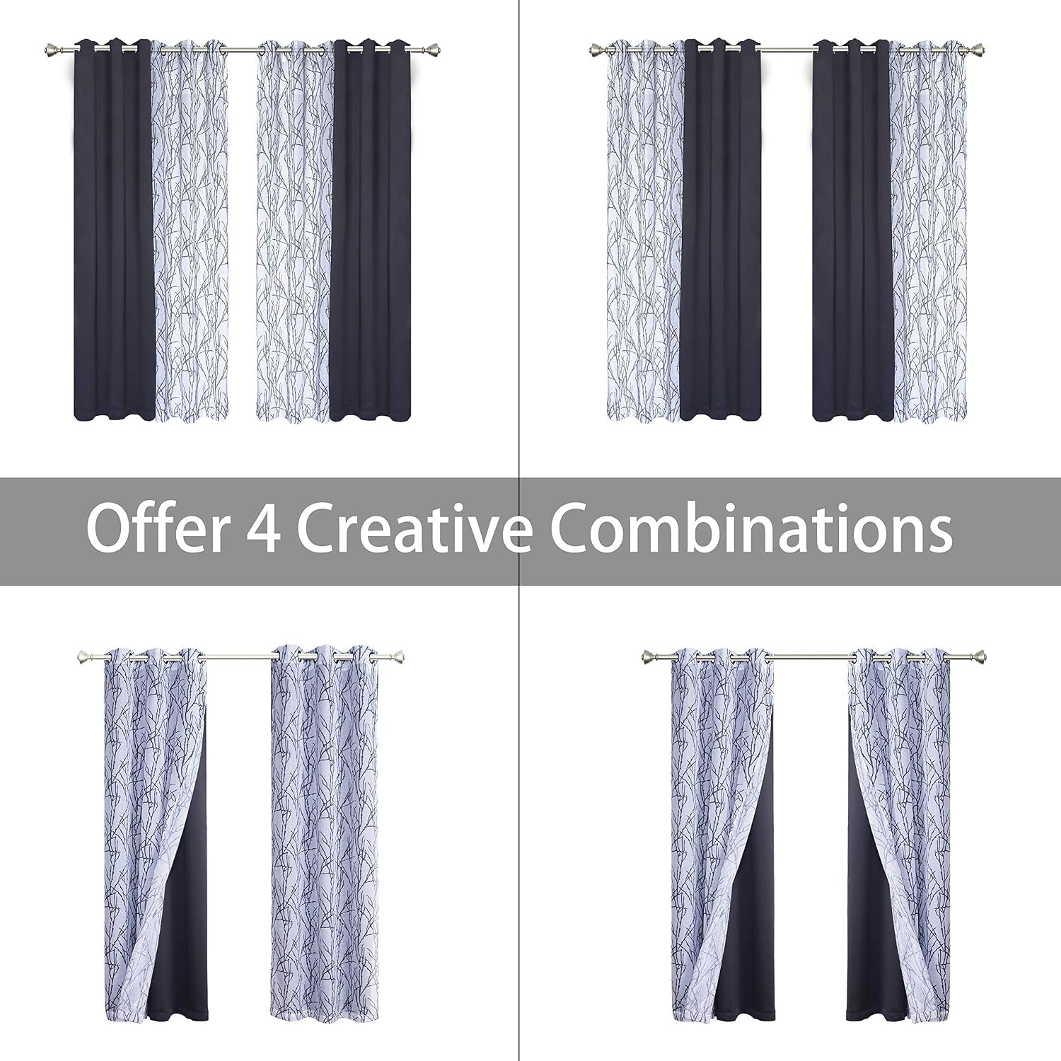 4 Panels Set Mix and Match Curtains for Bedroom Living Room | 2 Pieces Branch Print Sheer Curtains and 2 Pieces Blackout Curtains Privacy Grommet Window Drapes 37X63 Inch/Panel, Grey Dark