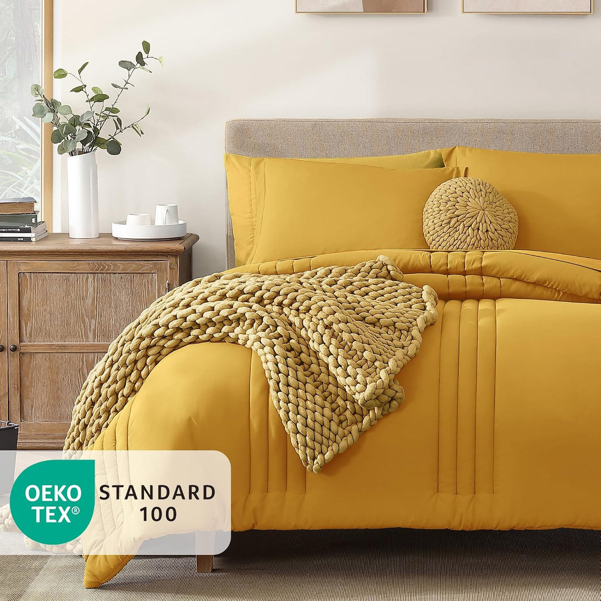 King Size Comforter Set-7 Pieces Yellow Soft Bed in a Bag King Bedding Sets