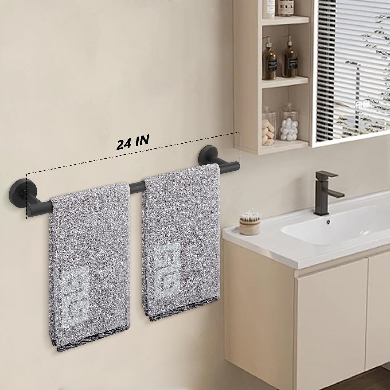 Bath Towel Bar, Bath Accessories Thicken Stainless Steel Shower Towel Rack for Bathroom, Towel Holder Wall Mounted (1 Pack, Matte Black, 24 Inch)