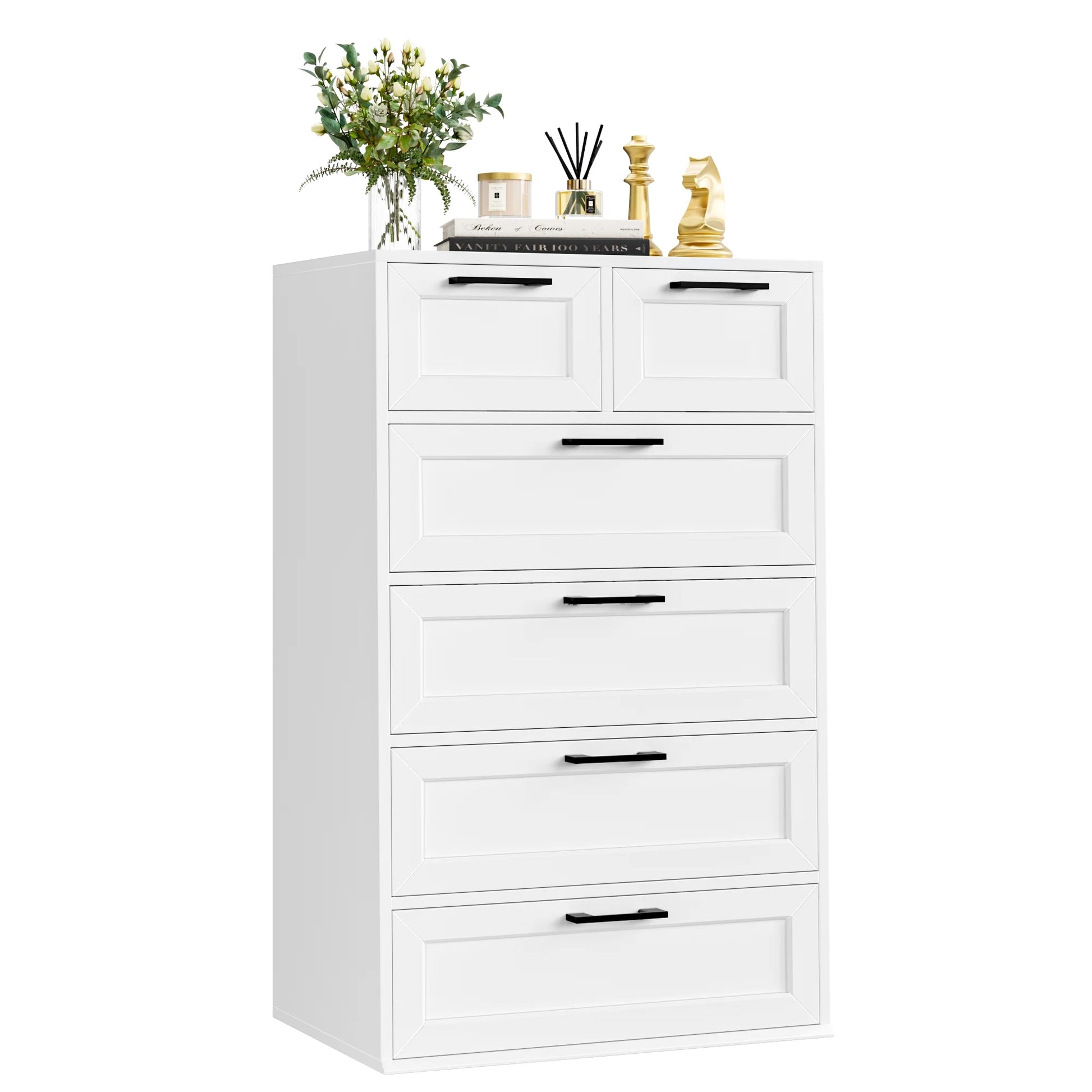 6 Drawer White Dresser, Tall Dresser for Bedroom Wood Storage Cabinet with Metal Handles