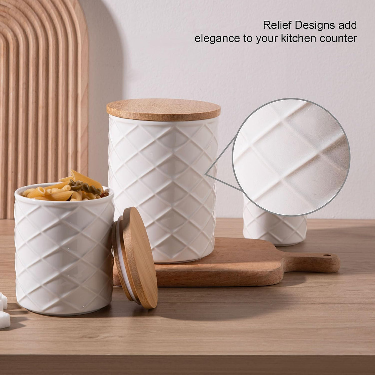 Sweejar Ceramic Canisters Sets for Kitchen Countertop, Relief Food Storage Jar with Bamboo Lid, Stackable Container for Flour, Coffee, Pasta, Cereal, Tea, Cookies, Sugar, Spices, Pack of 4 (White)