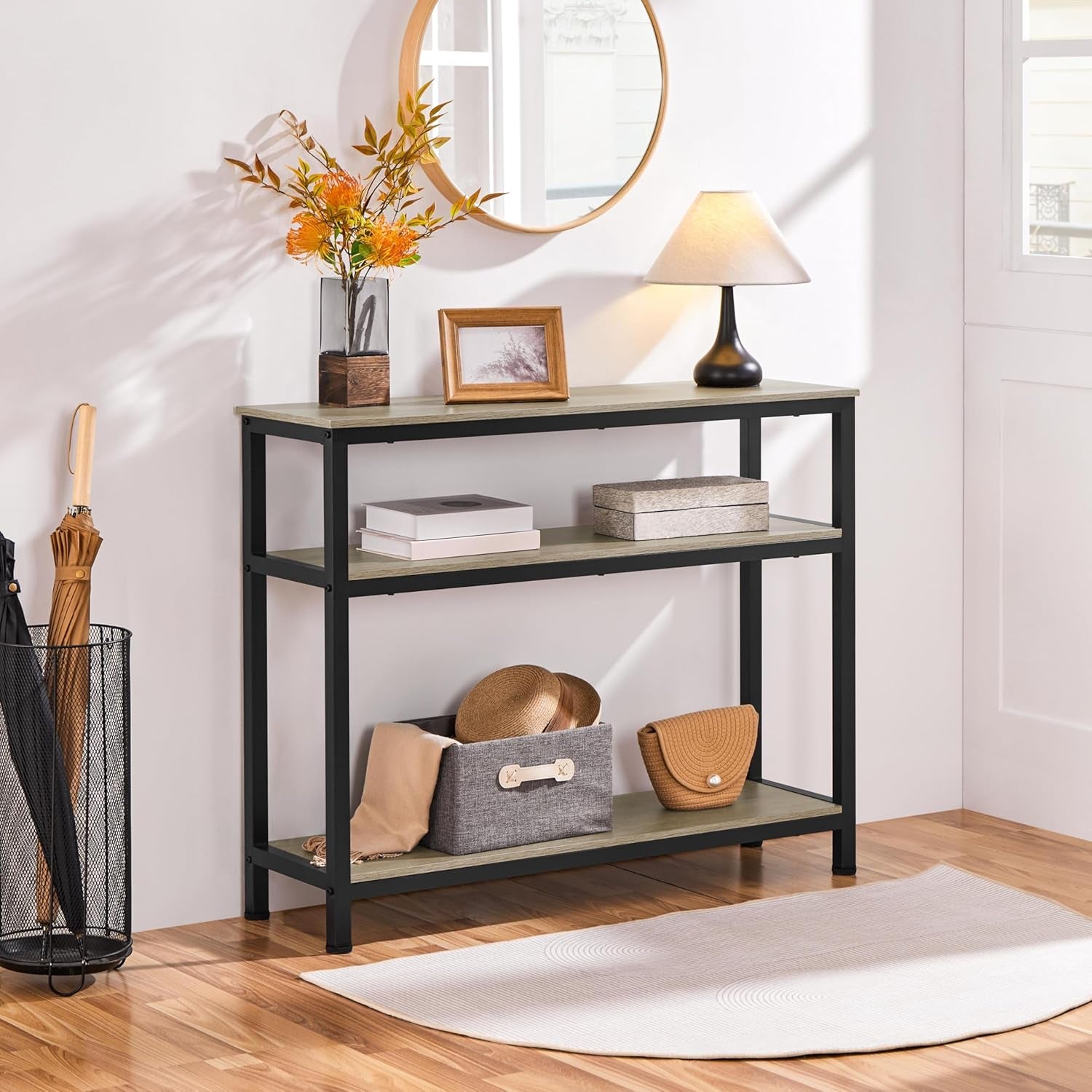 Entryway Table with Storage Shelves, 40 Inch Console Table with Metal Frame, Wood behind Couch Sofa Tables for Entryway, Living Room, Gray