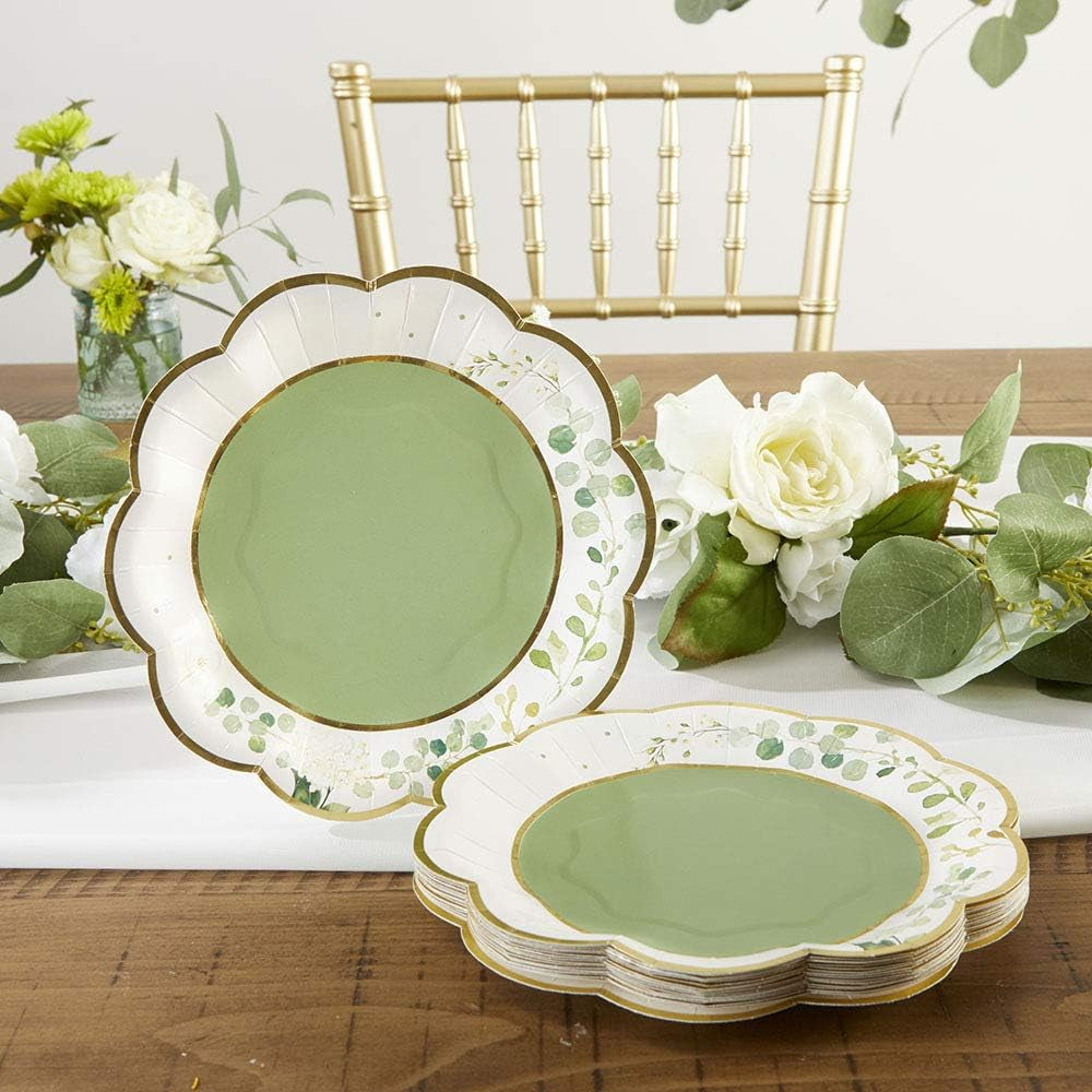 Sage Green Party Decorations, Eucalyptus Floral Print 7 In. Decorative Premium Paper Plates (350 GSM Weight -Set of 16) - Perfect for Greenery Baby Shower & Bridal Showers