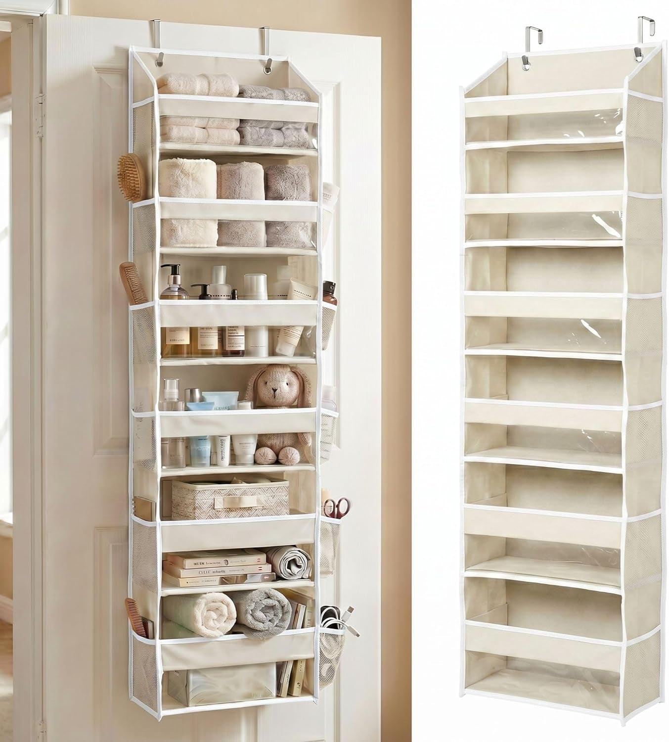 Over the Door Organizer, 6-Tier, 100D Fabric, Ivory 1Pc | over the Door Shoe Organizer, 50 Lbs Capacity, 12 Side Mesh Pockets, 100D Extra Thick Fabric, Closet & Entryway Storage