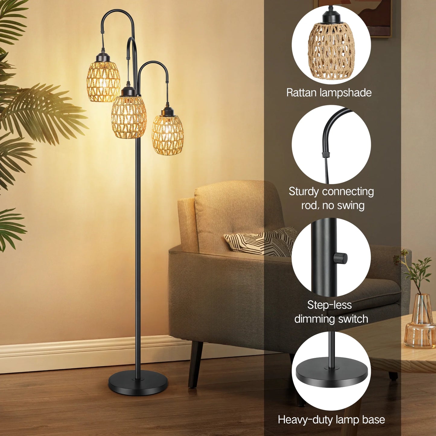 69'' Tree Floor Lamp for Living Room Clearance, 3 Light Dimmable Tall Standing Lamp with Rattan Lampshade, Farmhouse Floor Lamp with 3 LED Bulbs for Bedroom Office, Boho