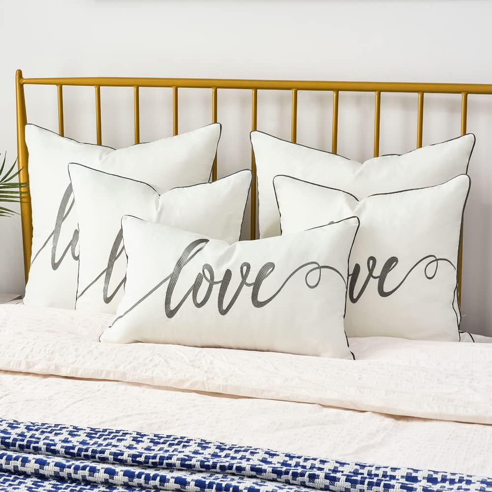 Decorative Throw Pillow Covers 12X20 Inches, Embroidery Love Soft Cotton Lumbar Pillow Case, Gray Rectangular Cushion Cover for Bed, Bedroom, Pack of 1.