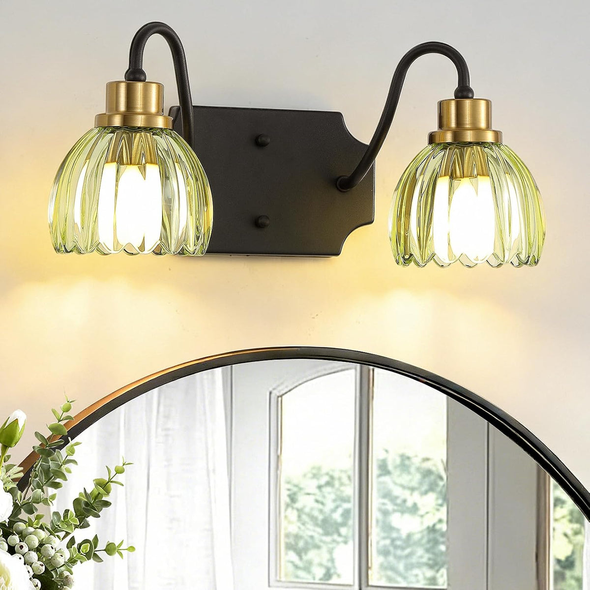 2-Light Bathroom Vanity Light, Black Vanity Light, Vintage Black Finish Wall Mount Sconces with Tulip Glass Shade, Mid Century Hardwired Wall Sconces for Bedroom, Living Room, Hallway