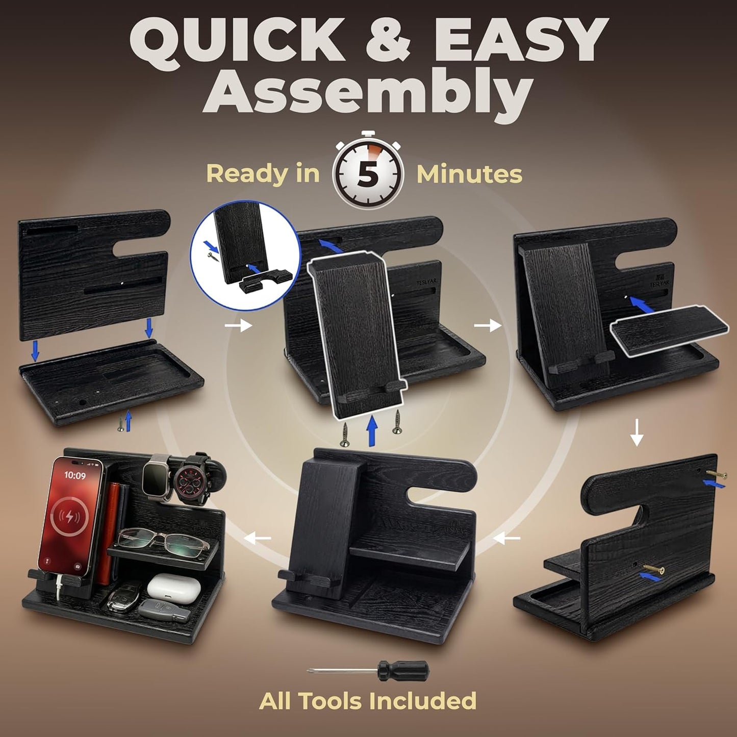 Wood Phone Docking Station for Men - Desktop or Nightstand Organizer - Birthday Gifts for Men, Dad - Anniversary Idea from Wife - Key Holder, Stand Wallet, Watch & Essentials (Granite Black)