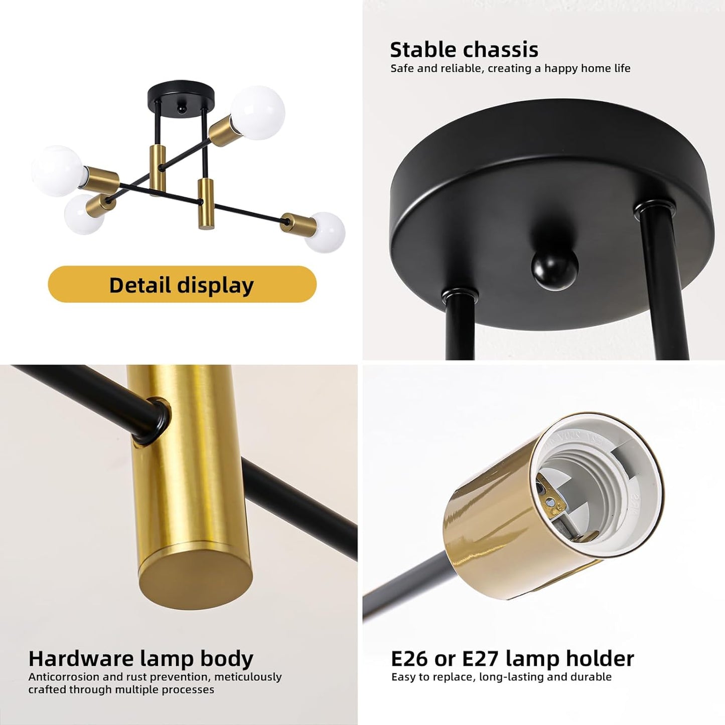 Lampara De Araña Negra Y Dorada Techo 18.5 Pulgadas Moderna Luz Para Sala Cocina