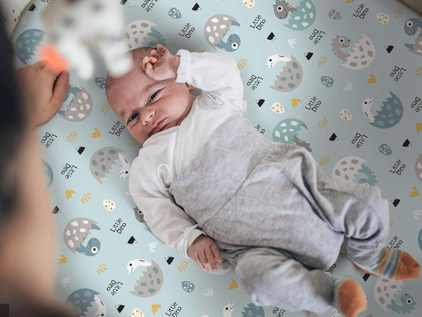 Stretchy Ultra Soft Jersey Knit Fitted Pack N Play Sheets Set 2 Pack, Portable/Mini Crib Sheets for Boys, Universal Fit for Pack N Plays Safe and Snug, Happy Dinosaurs for Baby