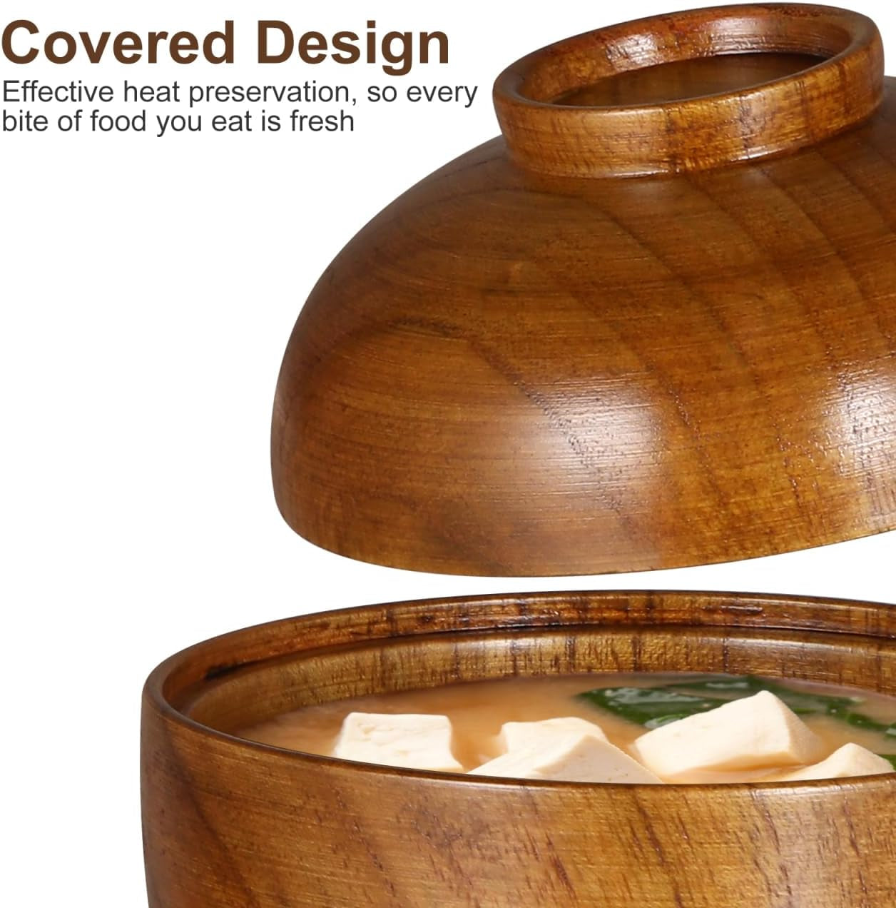 Japanese Style Wooden Rice Bowls with Lids Set of 2 3.93In Small Soup Serving Bowls for Salad Miso Soup and Snacks Lightweight Tableware for Home and Restaurant Use