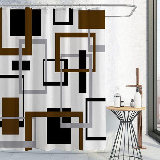 Brown Shower Curtain, Abstract Black Grey White Geometric Fabric Shower Curtain, Mid Century Modern Decor Waterproof Bathroom Curtain Shower Set with Hooks, 72 X 72