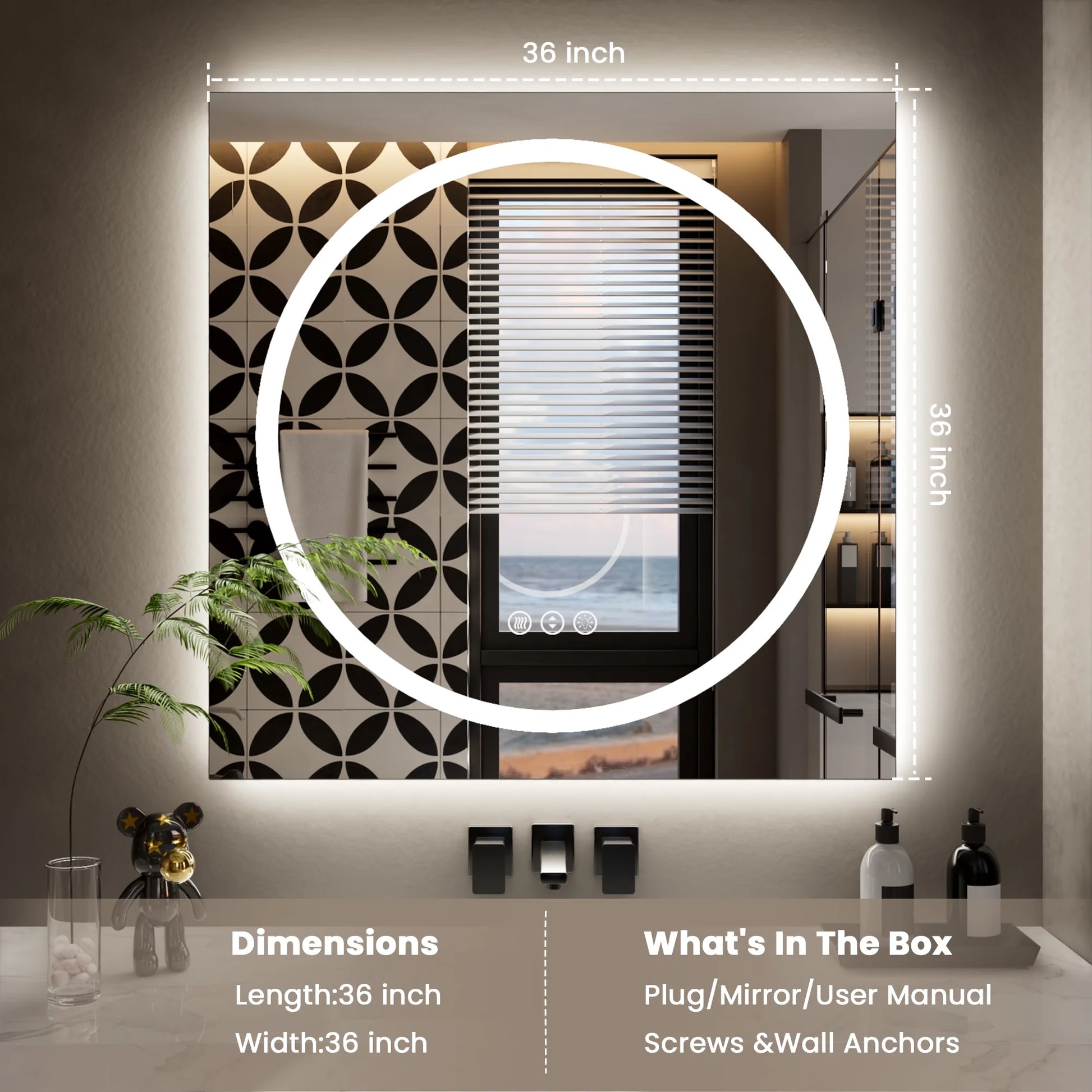 Double-Layer LED Bathroom Mirror 36X36 Inch,Wall Mirrors with Anti-Fog Vanity Mirror ,Shatter-Proof,Memory Makeup Mirror with LED Lights