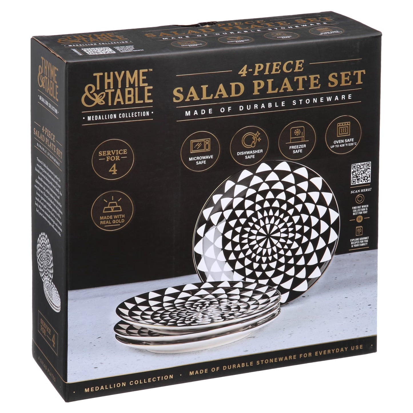 Thyme & Table Dinnerware Black & White Medallion Stoneware Salad round Plates (4 Count)