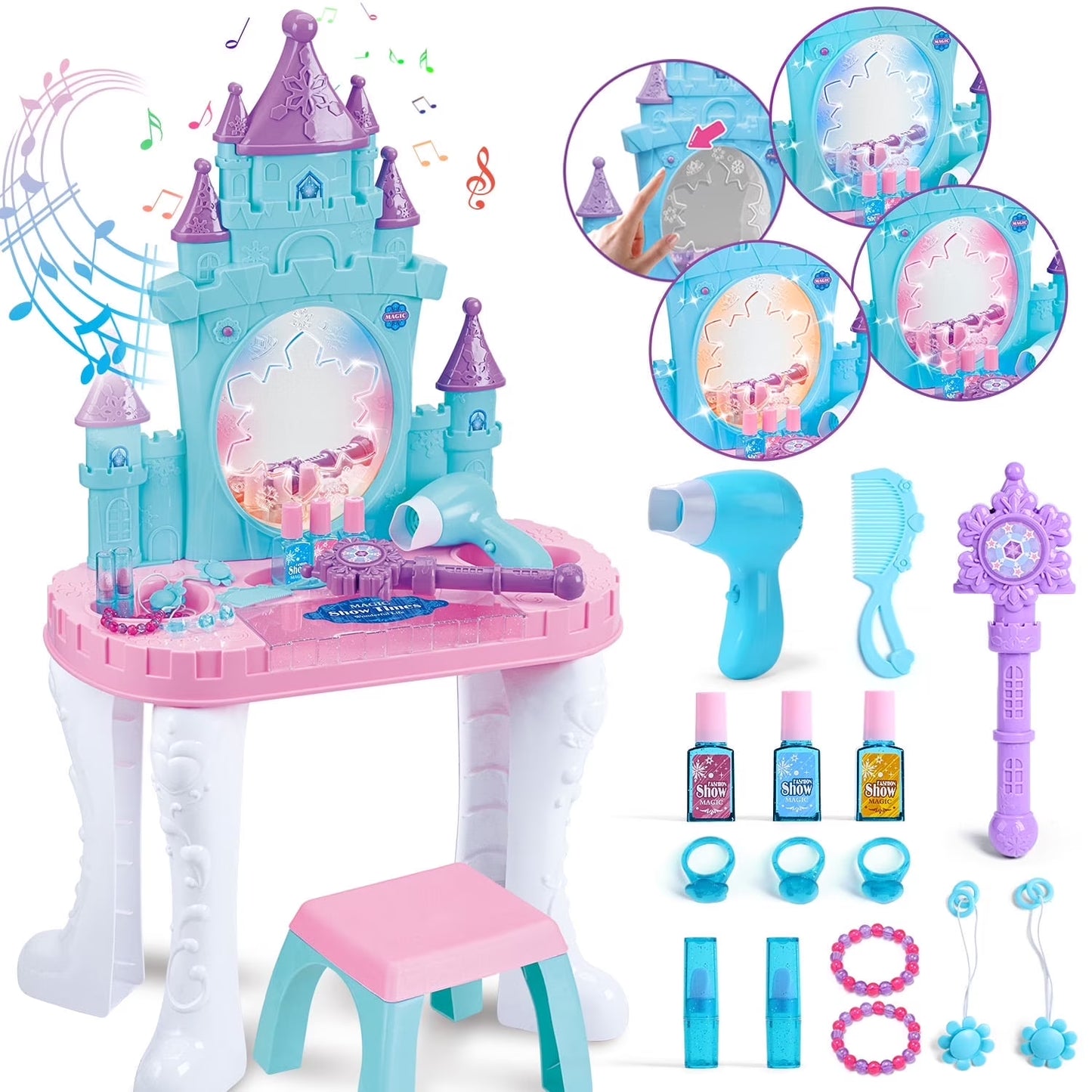 Toddler Makeup Table with Mirror and Chair, Kids Makeup Vanity Set with Accessories and Lights and Music Sounds, Makeup Accessories & Blowdryer for Toddlers 2-5 Years Old