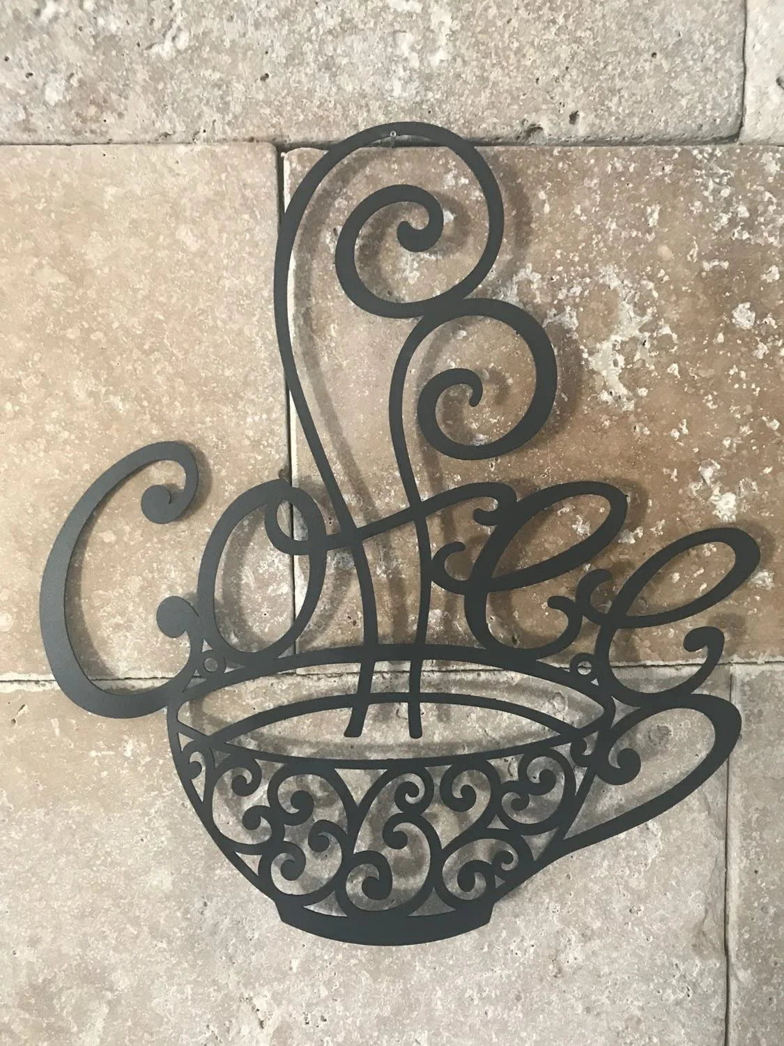 Coffee Signs - Coffee Cup Metal Wall Decor - Black Scrolled Mug for Home, Coffee Shop, Kitchen
